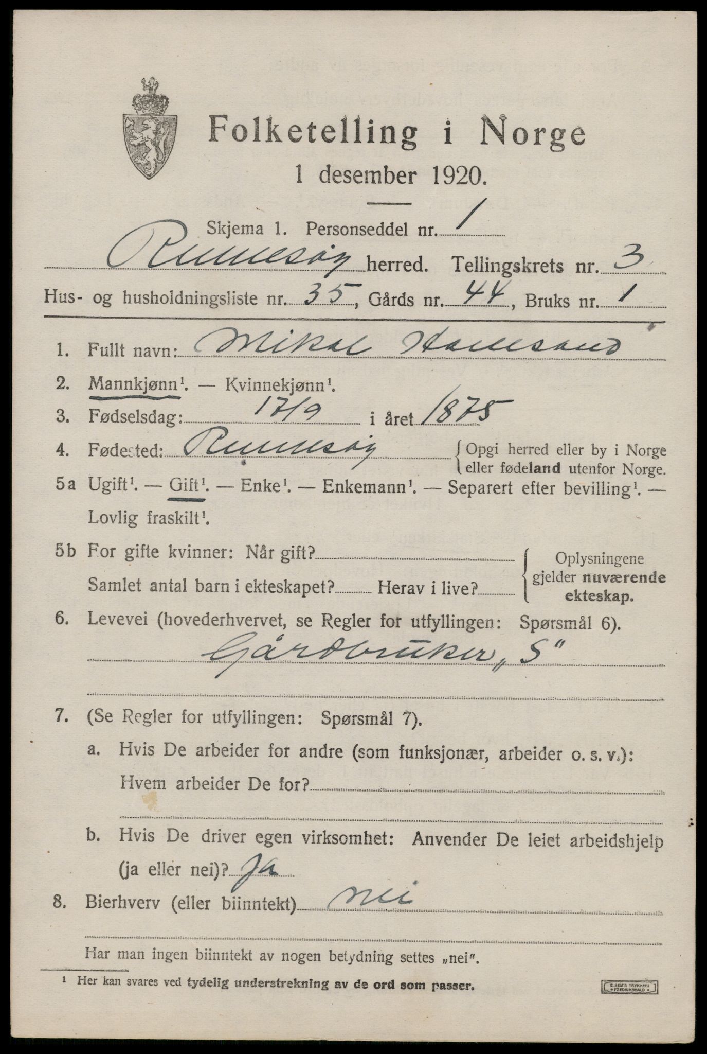 SAST, 1920 census for Rennesøy, 1920, p. 2356