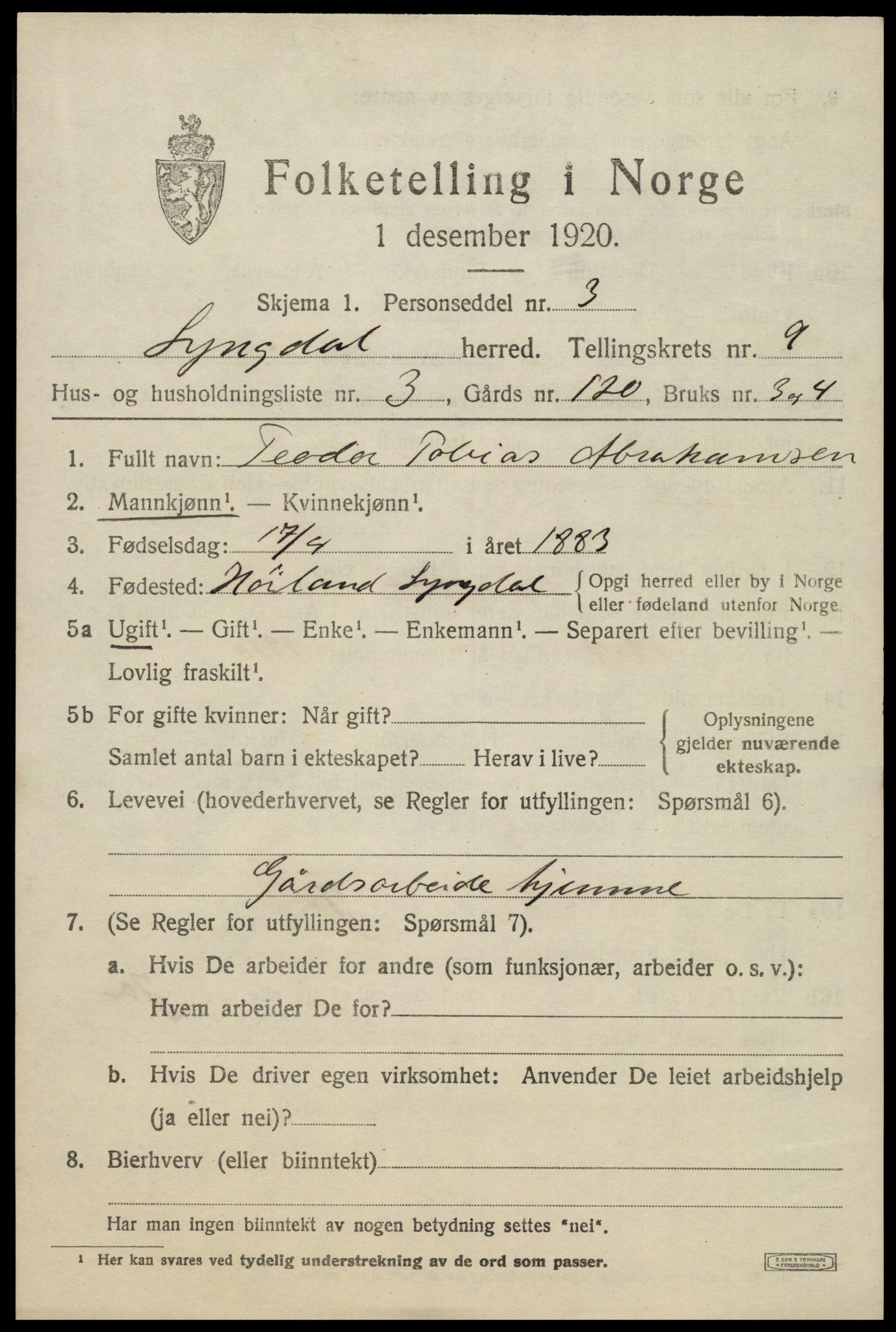 SAK, 1920 census for Lyngdal, 1920, p. 4639