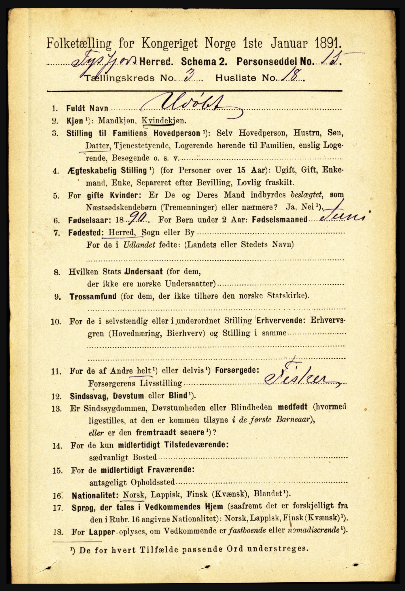 RA, 1891 census for 1850 Tysfjord, 1891, p. 1179