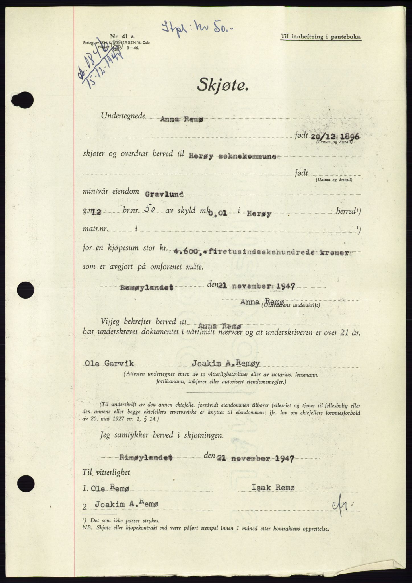 Søre Sunnmøre sorenskriveri, AV/SAT-A-4122/1/2/2C/L0081: Mortgage book no. 7A, 1947-1948, Diary no: : 1846/1947