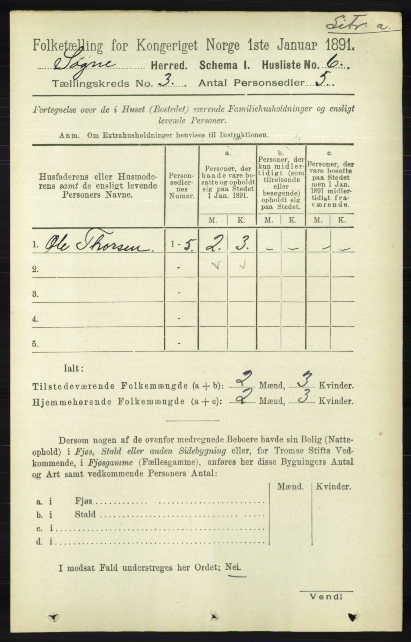 RA, 1891 census for 1018 Søgne, 1891, p. 271