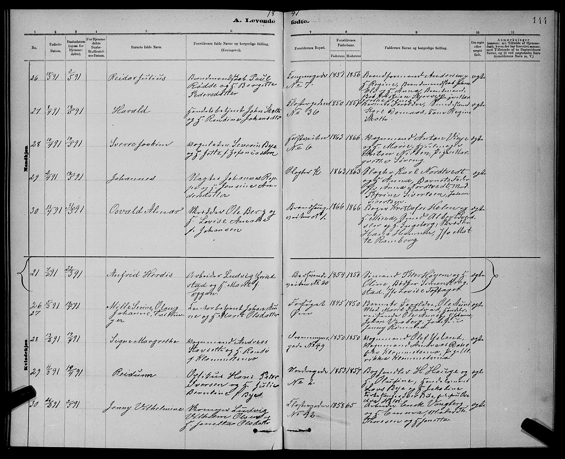 Ministerialprotokoller, klokkerbøker og fødselsregistre - Sør-Trøndelag, AV/SAT-A-1456/601/L0092: Parish register (copy) no. 601C10, 1884-1897, p. 144