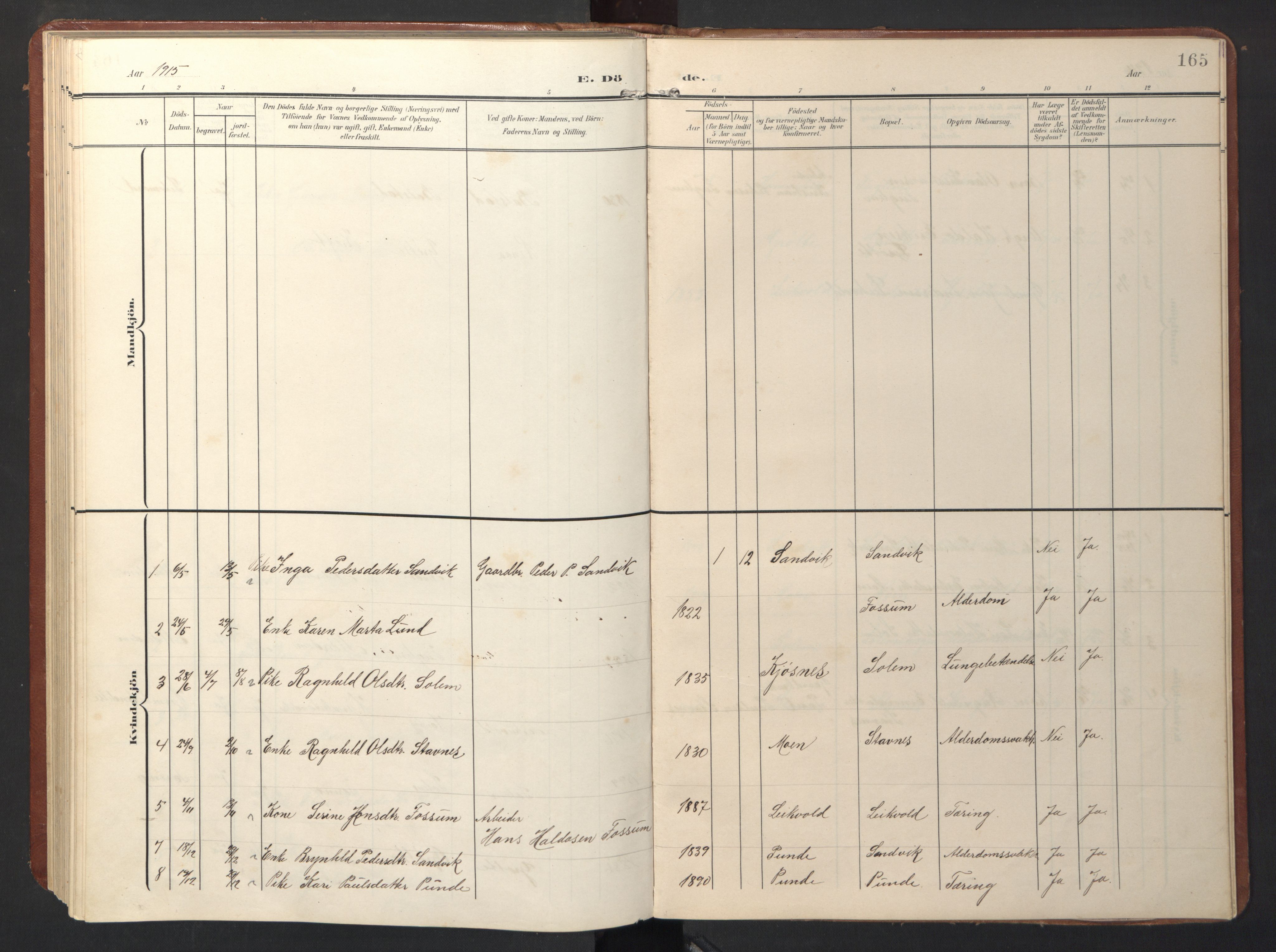 Ministerialprotokoller, klokkerbøker og fødselsregistre - Sør-Trøndelag, SAT/A-1456/696/L1161: Parish register (copy) no. 696C01, 1902-1950, p. 165