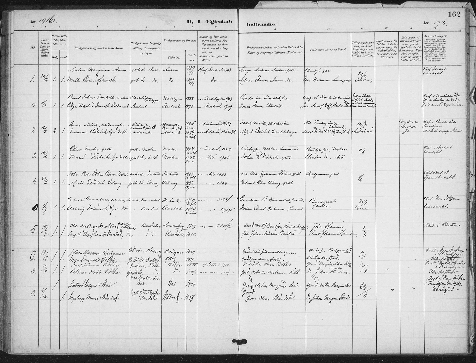 Ministerialprotokoller, klokkerbøker og fødselsregistre - Nord-Trøndelag, SAT/A-1458/712/L0101: Parish register (official) no. 712A02, 1901-1916, p. 162