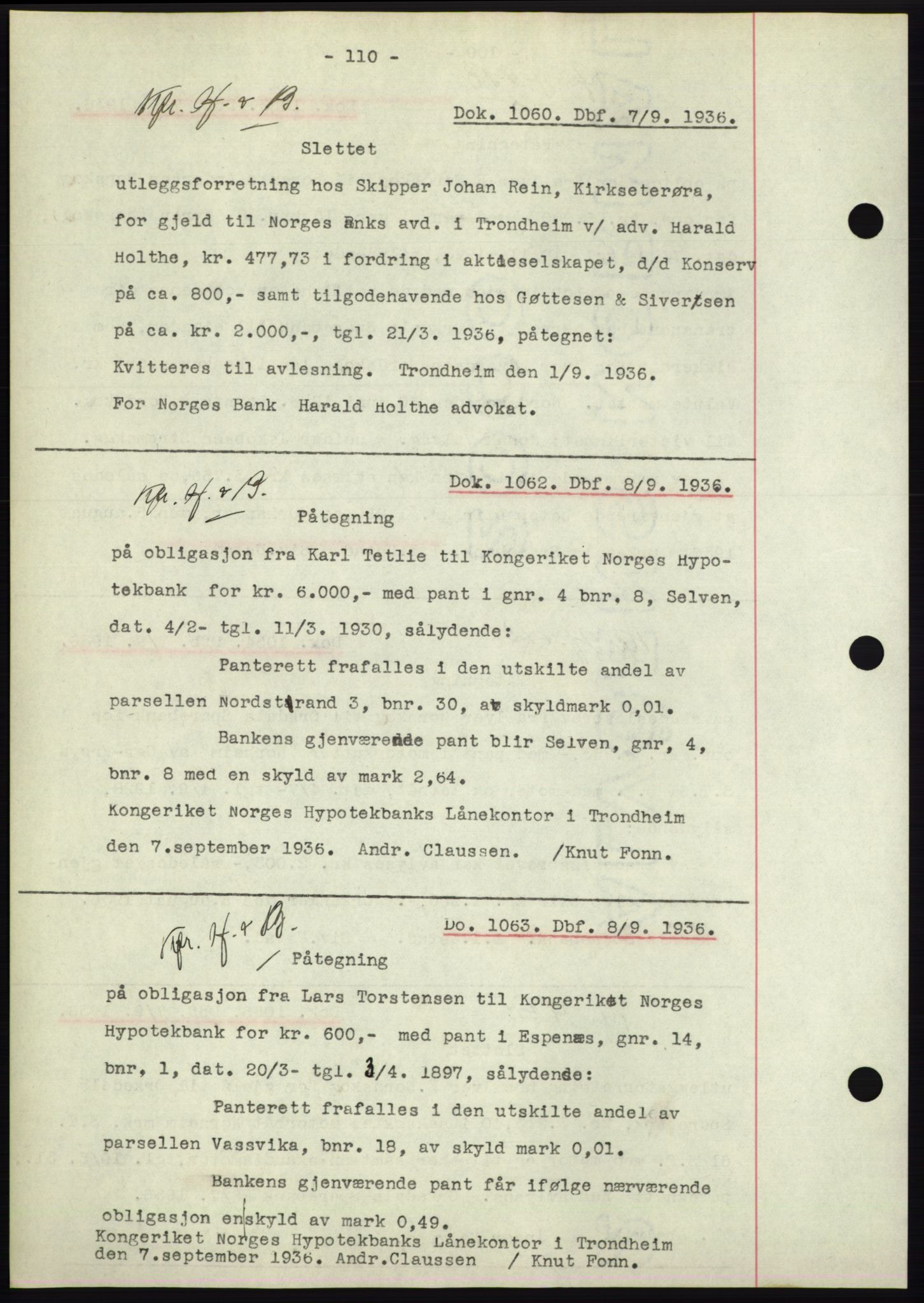 Hitra sorenskriveri, AV/SAT-A-0018/2/2C/2Ca: Mortgage book no. C1, 1936-1945, Diary no: : 1060/1936