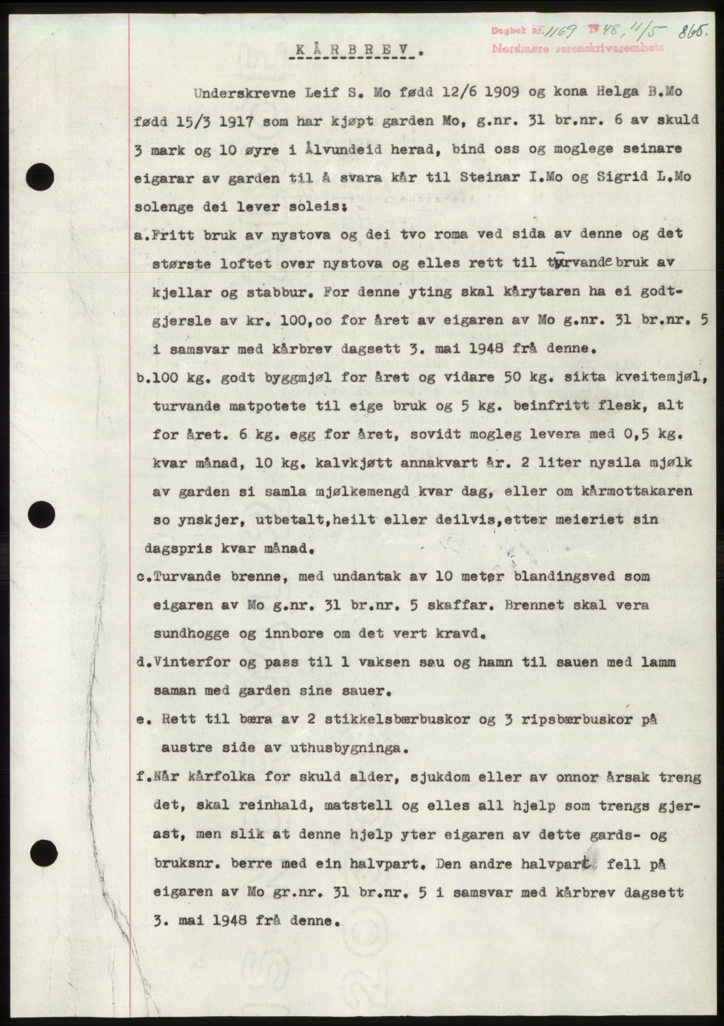 Nordmøre sorenskriveri, AV/SAT-A-4132/1/2/2Ca: Mortgage book no. B98, 1948-1948, Diary no: : 1169/1948