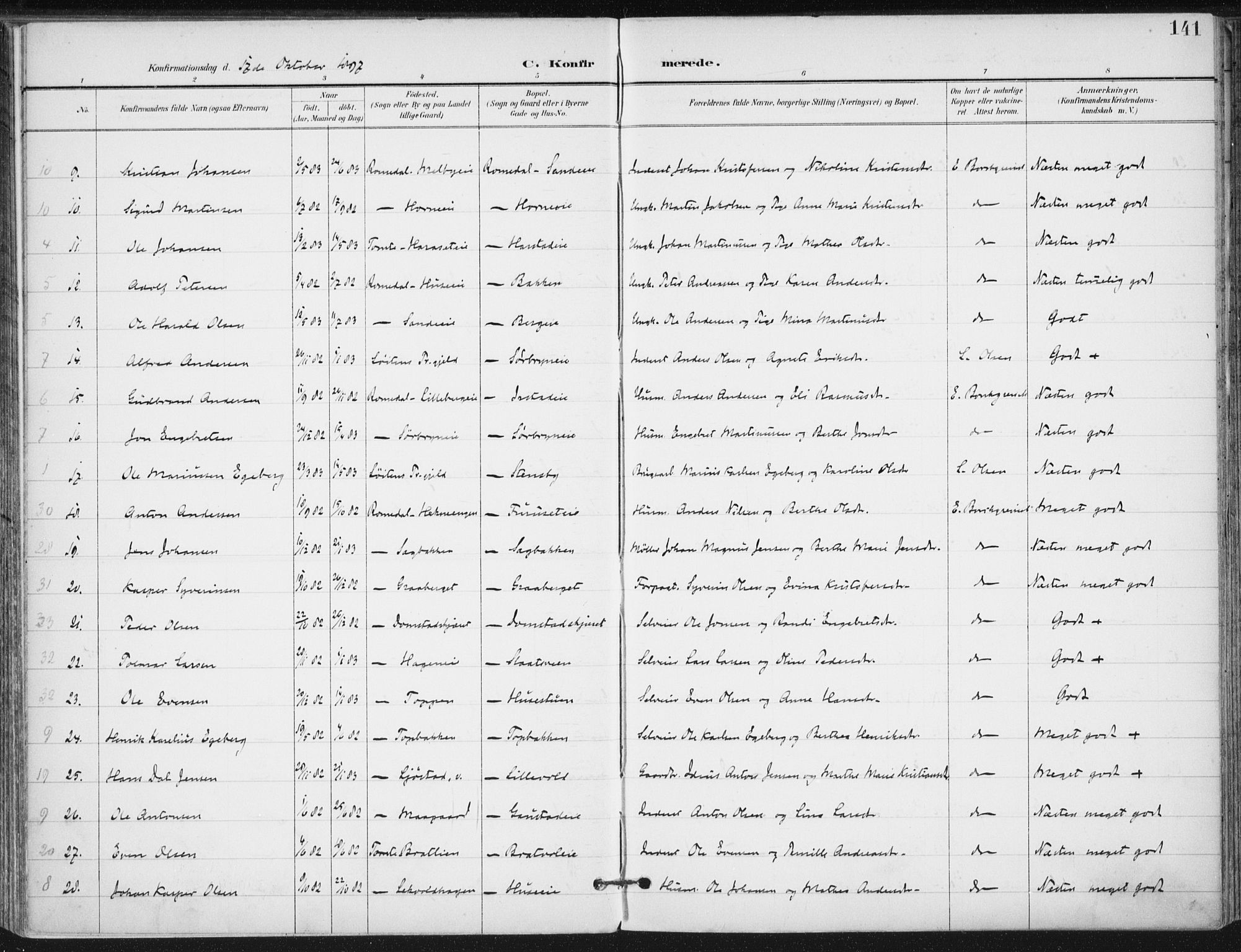 Romedal prestekontor, SAH/PREST-004/K/L0011: Parish register (official) no. 11, 1896-1912, p. 141
