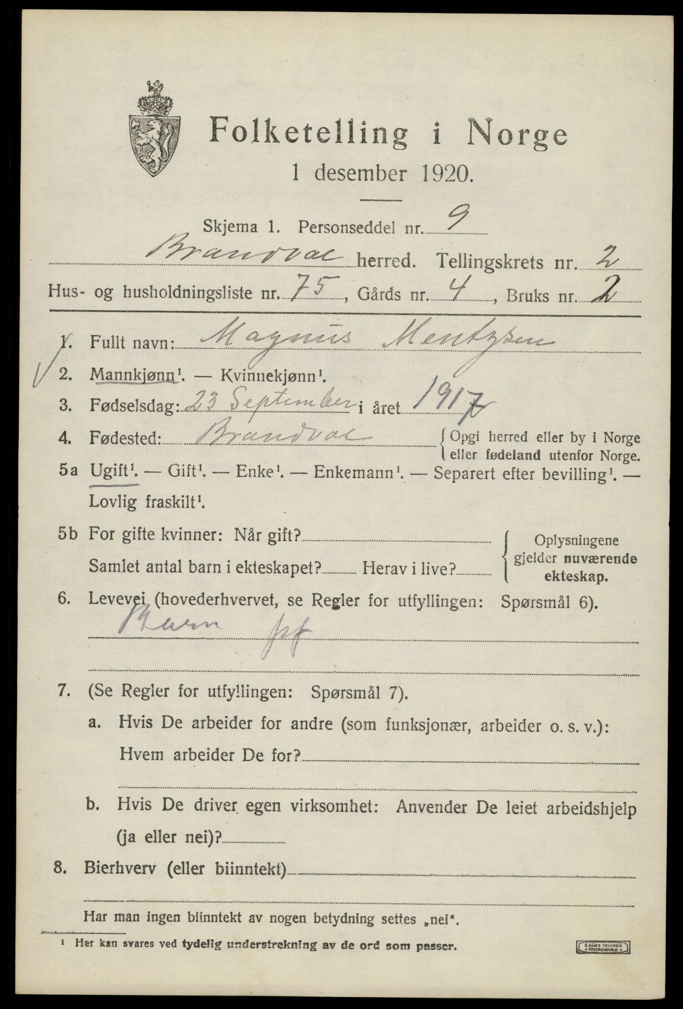 SAH, 1920 census for Brandval, 1920, p. 2996