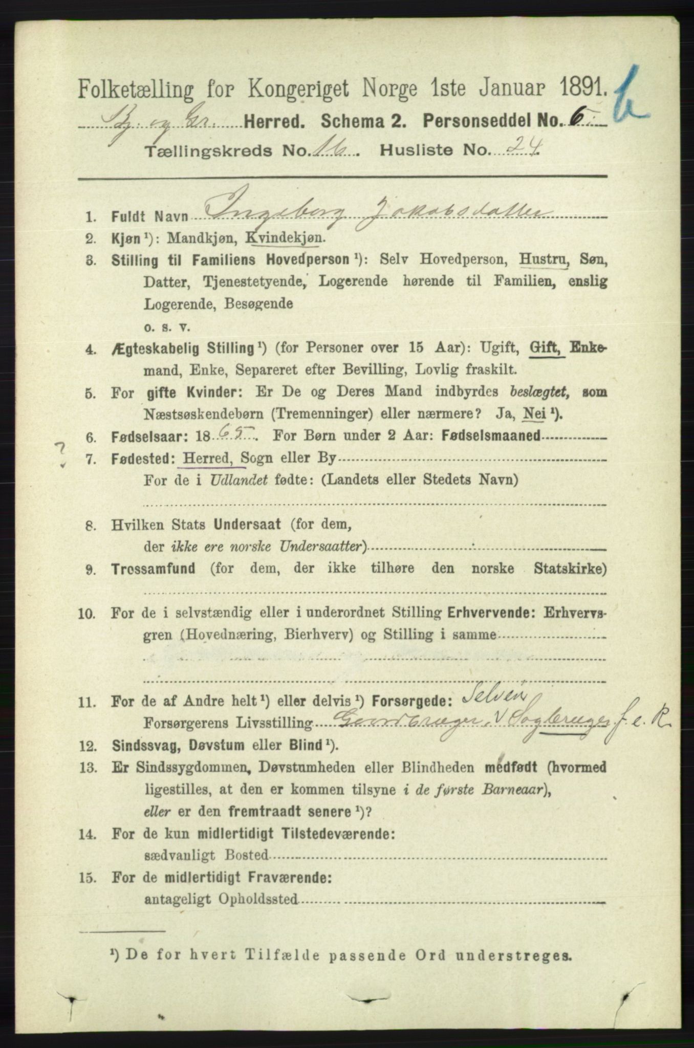 RA, 1891 census for 1024 Bjelland og Grindheim, 1891, p. 890