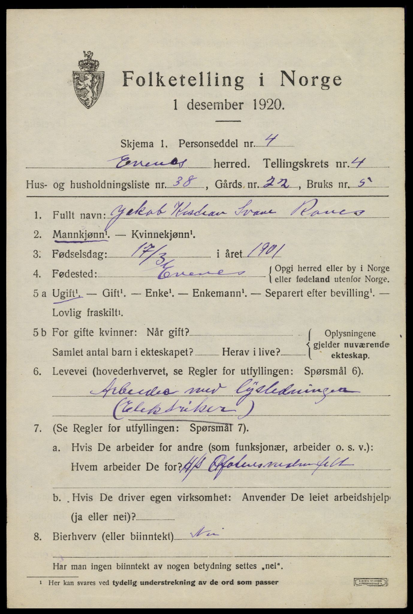 SAT, 1920 census for Evenes, 1920, p. 4116