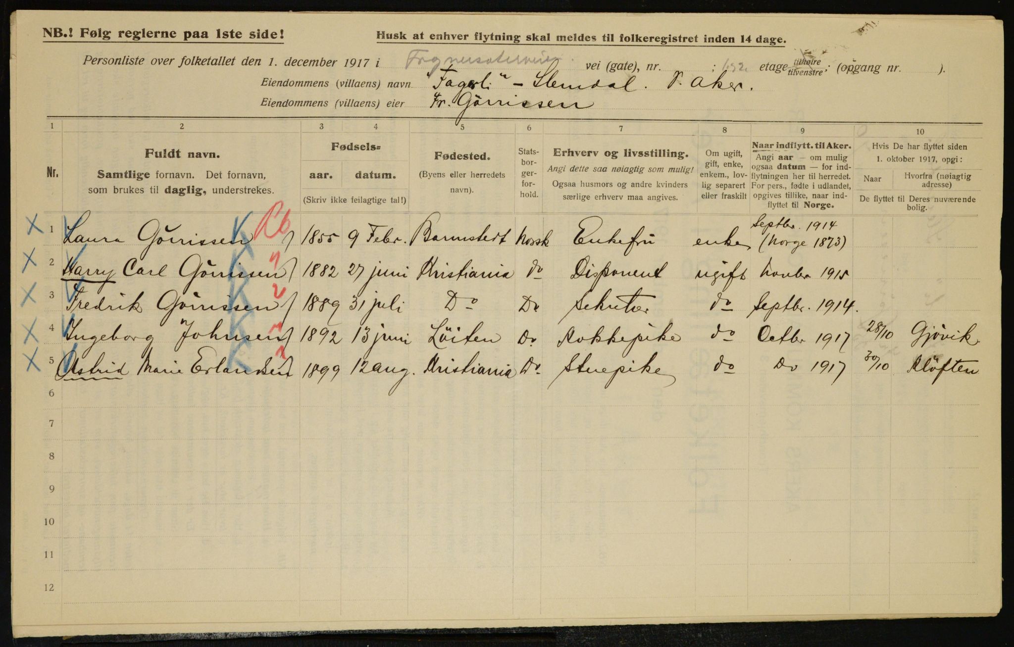 OBA, Municipal Census 1917 for Aker, 1917, p. 7299