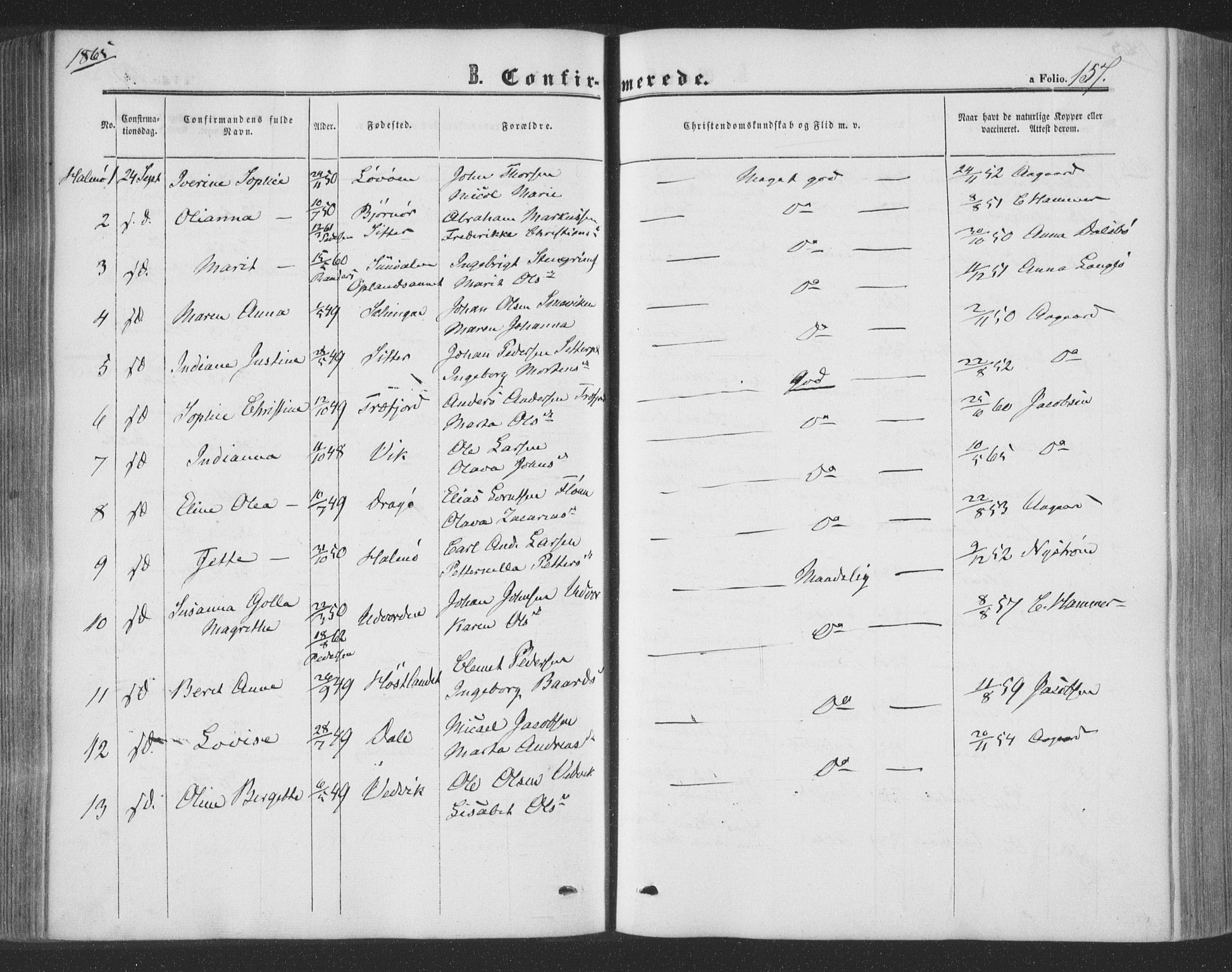 Ministerialprotokoller, klokkerbøker og fødselsregistre - Nord-Trøndelag, SAT/A-1458/773/L0615: Parish register (official) no. 773A06, 1857-1870, p. 157