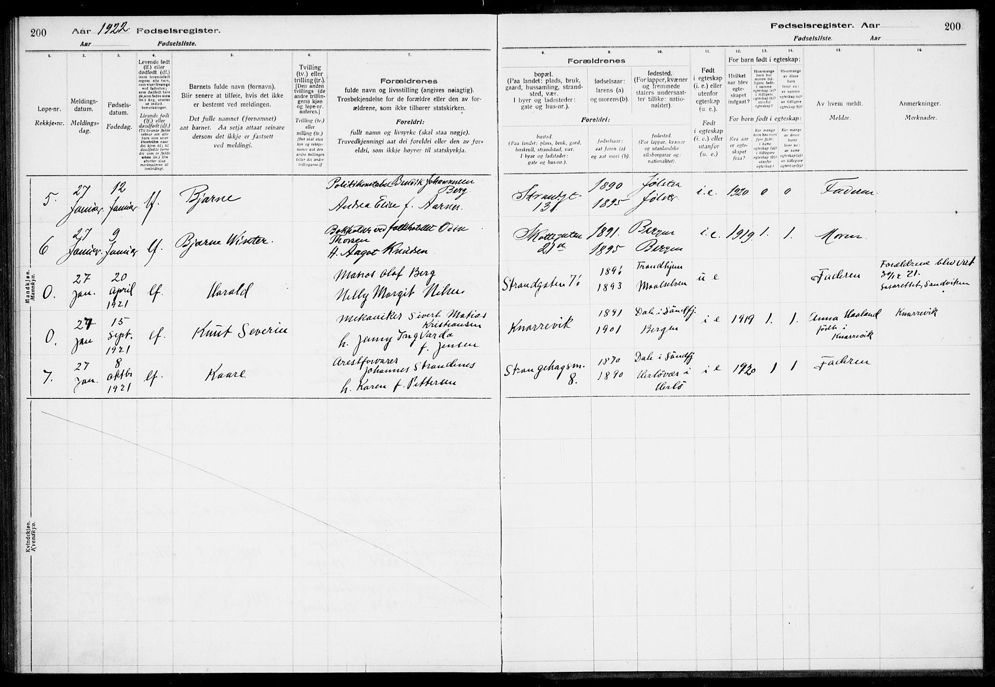 Nykirken Sokneprestembete, AV/SAB-A-77101/I/Id/L00A1: Birth register no. A 1, 1916-1922, p. 200