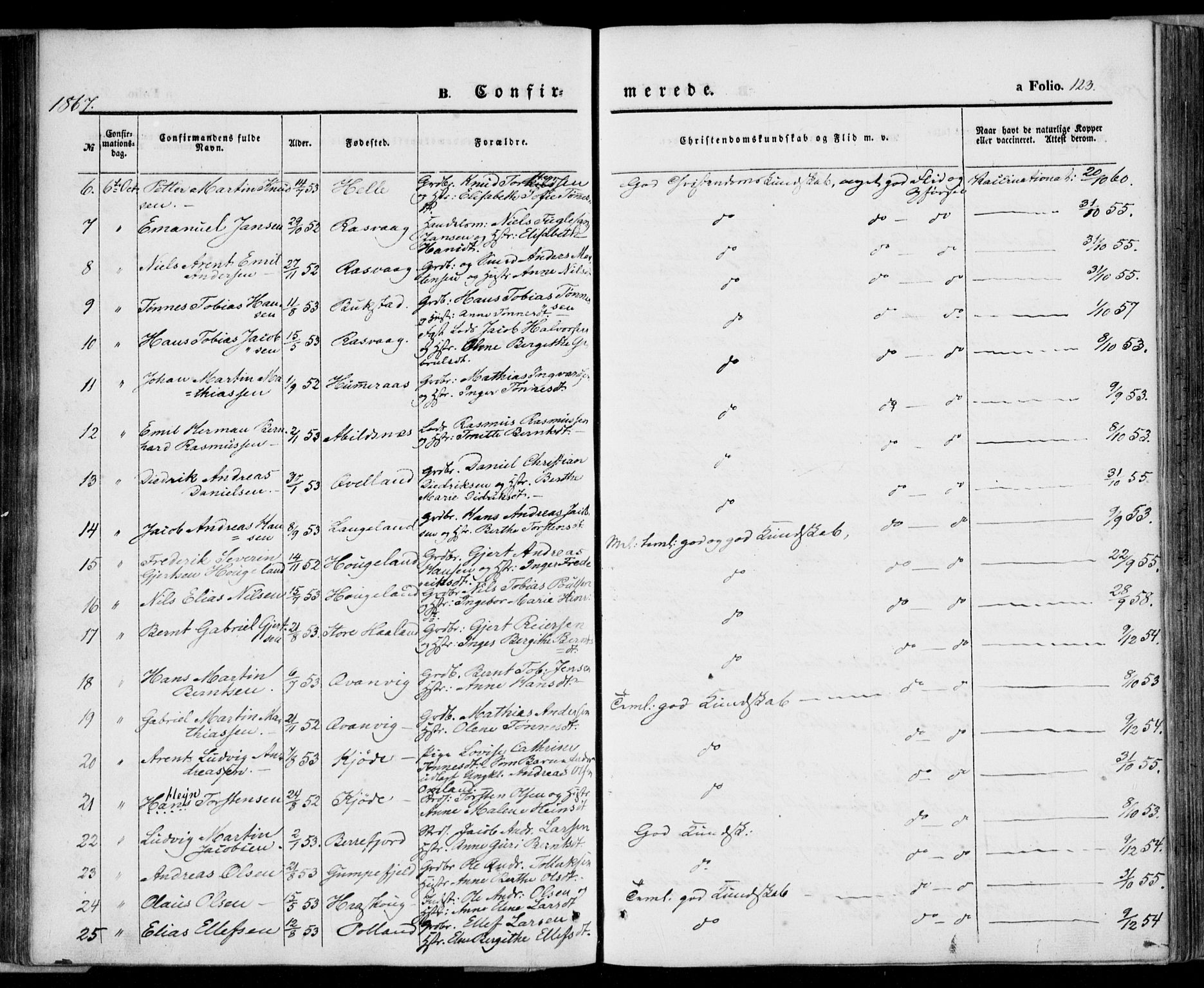 Flekkefjord sokneprestkontor, AV/SAK-1111-0012/F/Fa/Fab/L0004: Parish register (official) no. A 4, 1850-1875, p. 123