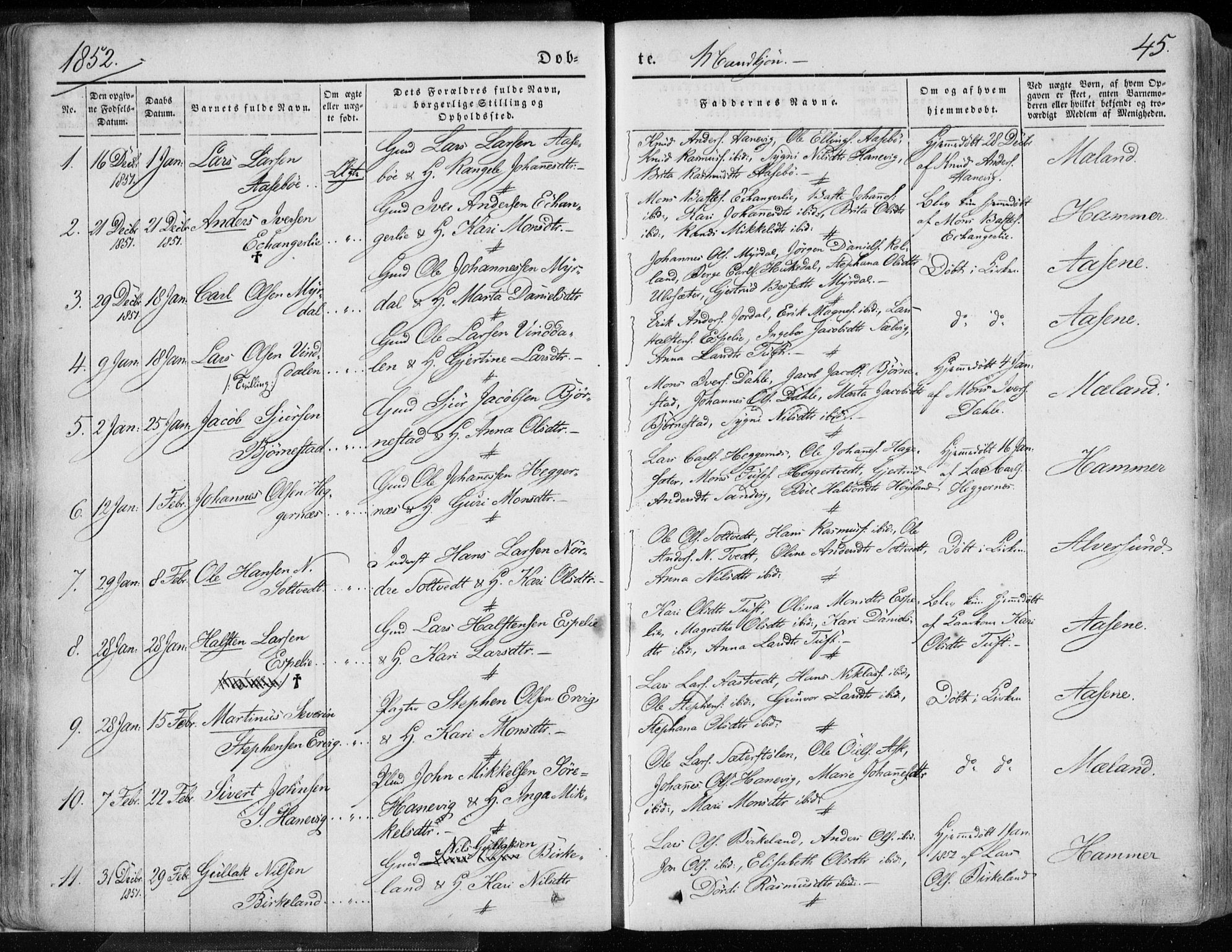 Hamre sokneprestembete, AV/SAB-A-75501/H/Ha/Haa/Haaa/L0013: Parish register (official) no. A 13, 1846-1857, p. 45