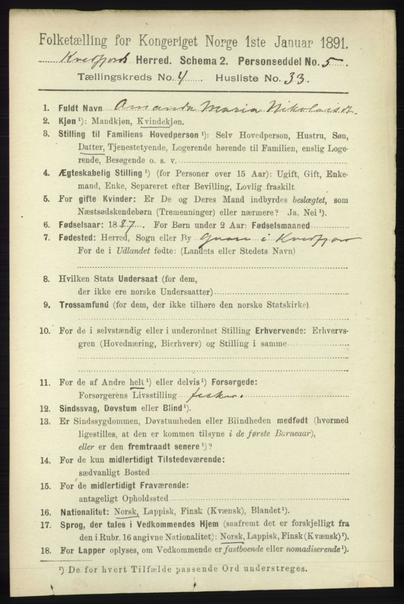 RA, 1891 census for 1911 Kvæfjord, 1891, p. 2116