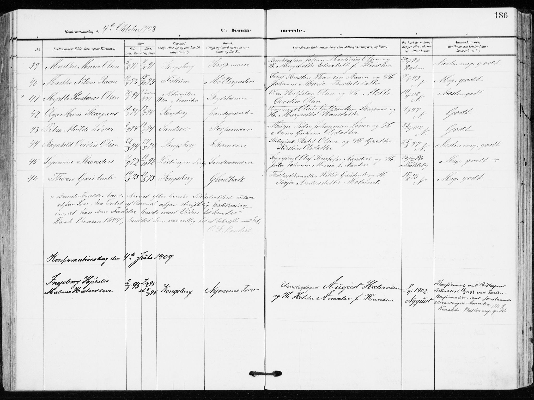 Kongsberg kirkebøker, SAKO/A-22/F/Fb/L0004: Parish register (official) no. II 4, 1906-1918, p. 186