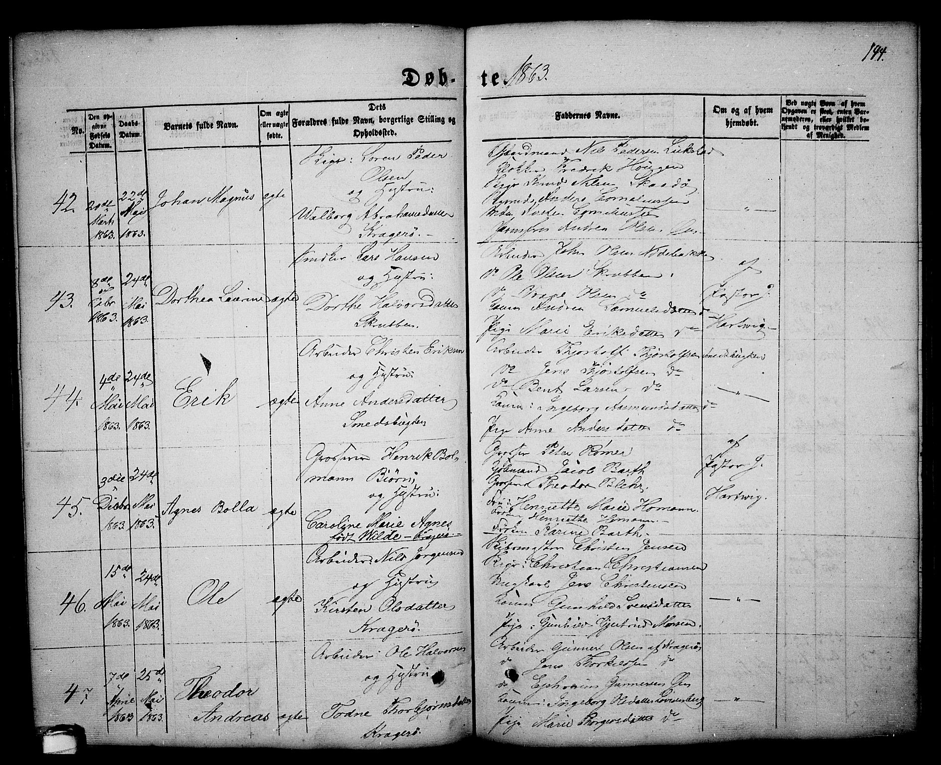 Kragerø kirkebøker, AV/SAKO-A-278/G/Ga/L0004: Parish register (copy) no. 4, 1853-1865, p. 144