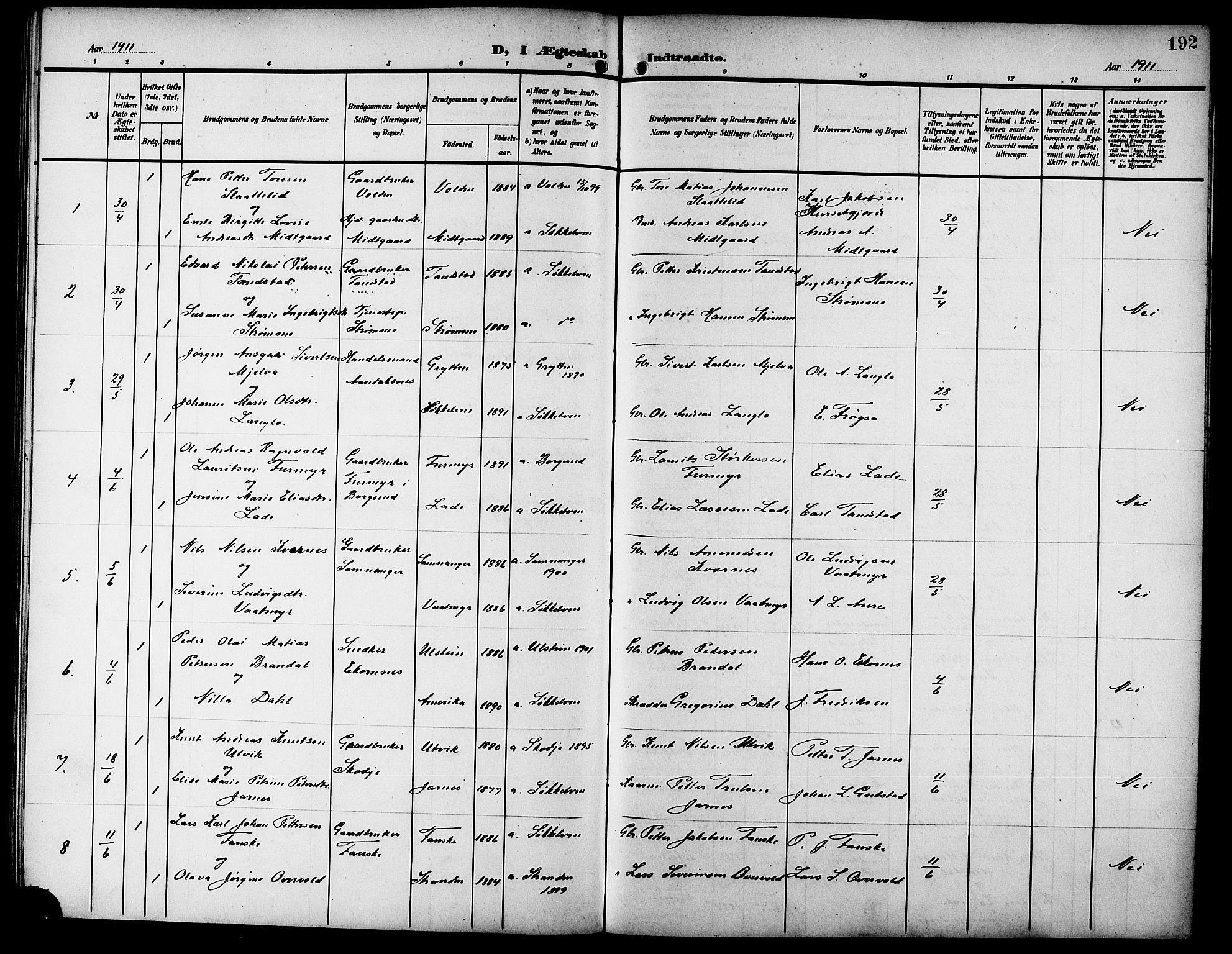 Ministerialprotokoller, klokkerbøker og fødselsregistre - Møre og Romsdal, SAT/A-1454/523/L0341: Parish register (copy) no. 523C04, 1903-1916, p. 192