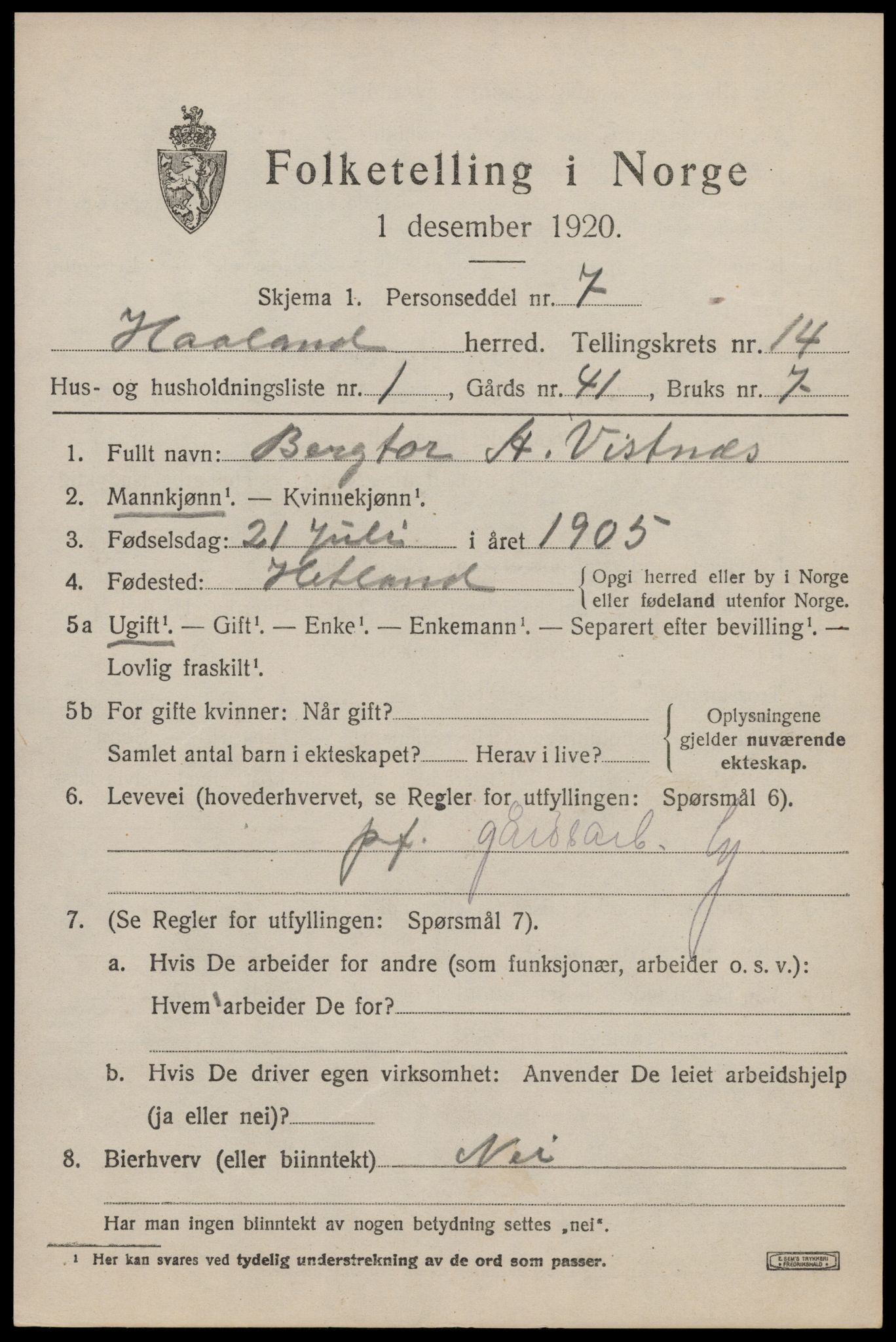 SAST, 1920 census for Håland, 1920, p. 9981