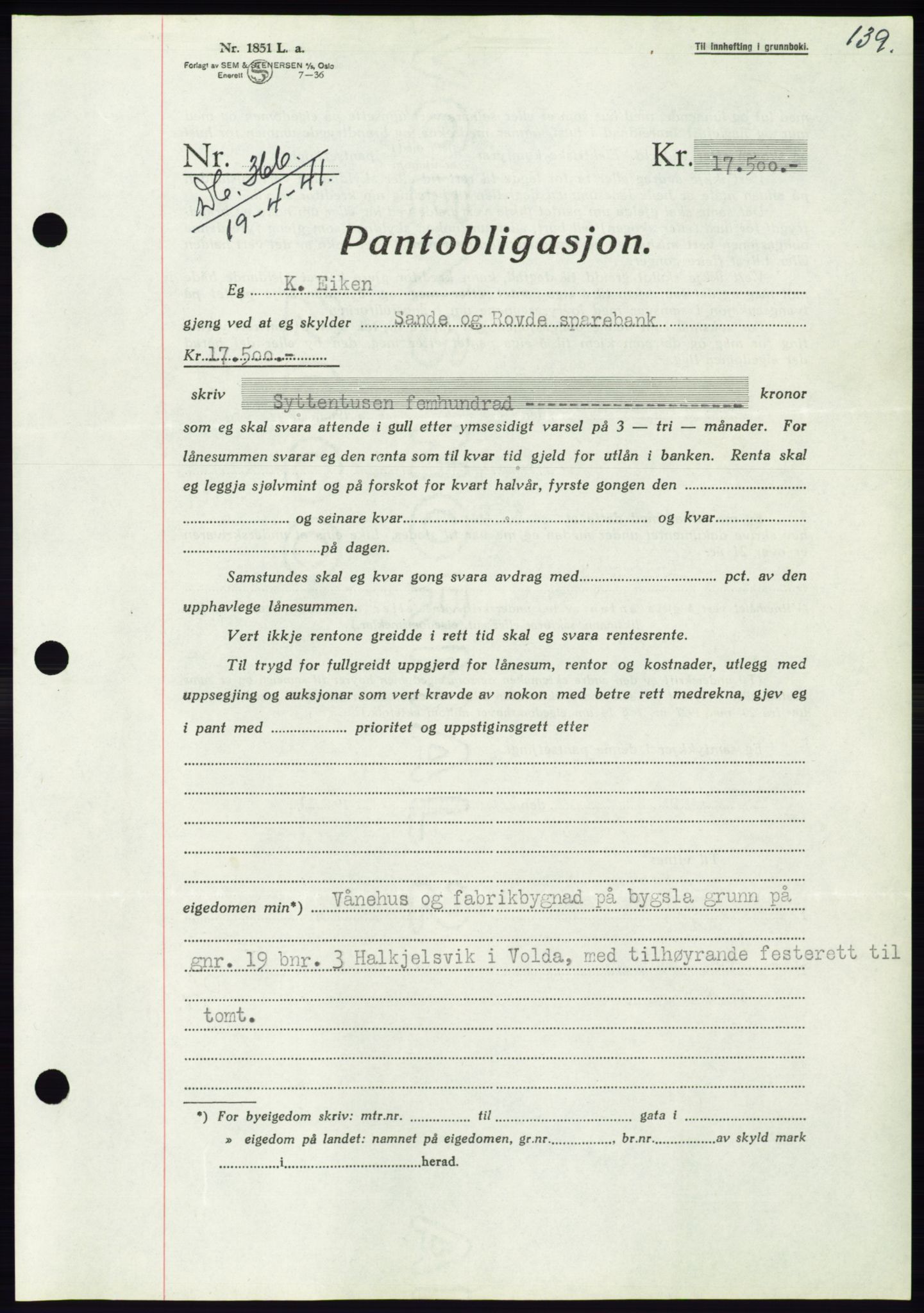 Søre Sunnmøre sorenskriveri, AV/SAT-A-4122/1/2/2C/L0071: Mortgage book no. 65, 1941-1941, Diary no: : 366/1941