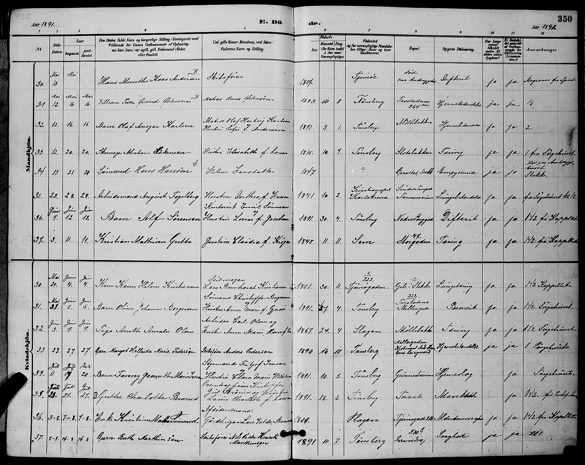 Tønsberg kirkebøker, AV/SAKO-A-330/G/Ga/L0006: Parish register (copy) no. 6, 1885-1895, p. 350