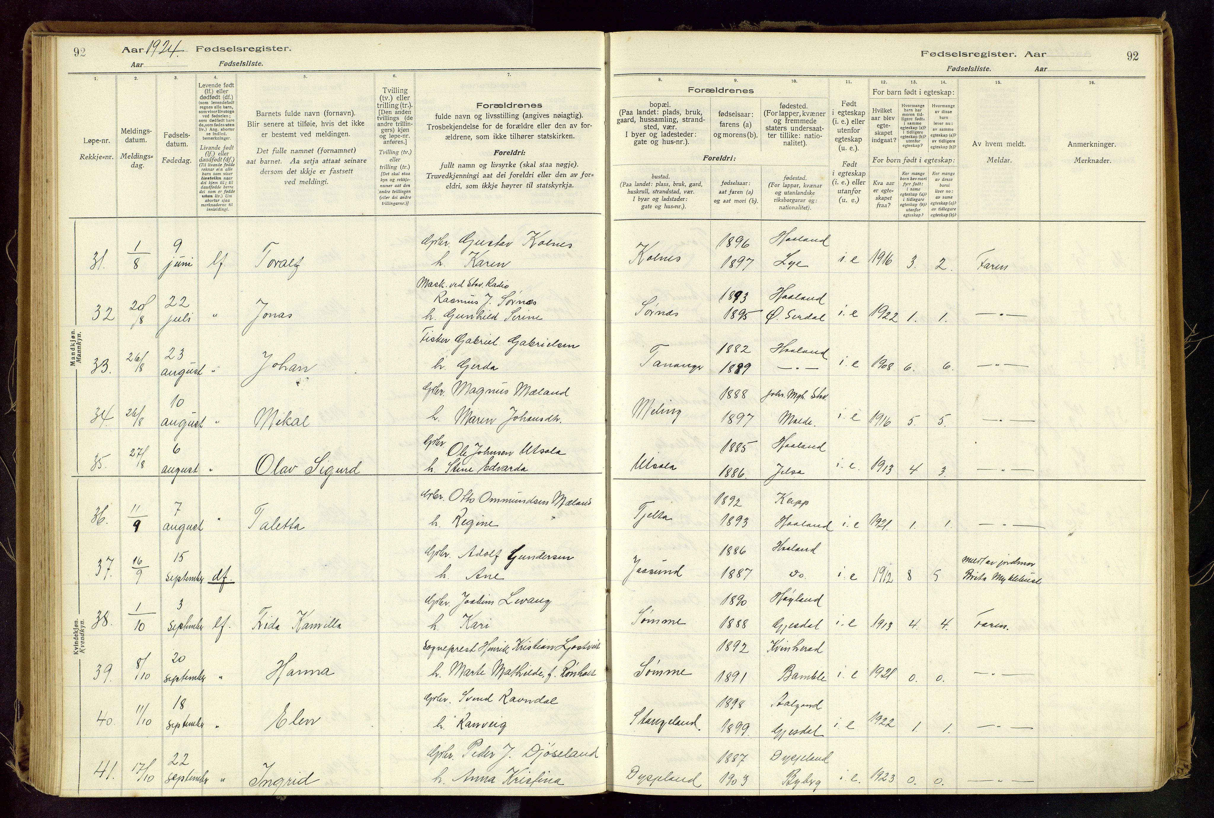 Håland sokneprestkontor, AV/SAST-A-101802/001/704BA/L0001: Birth register no. 1, 1916-1936, p. 92