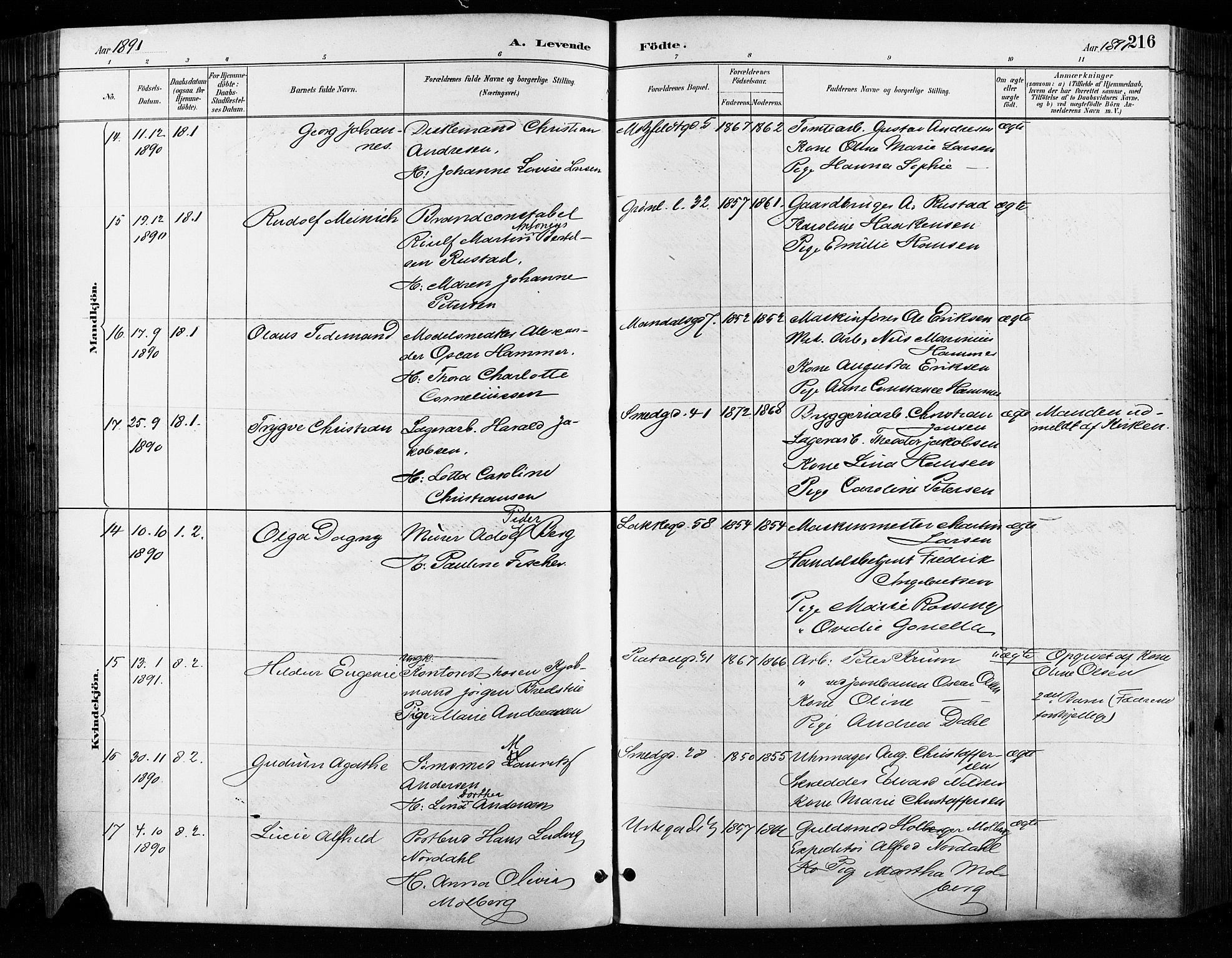 Grønland prestekontor Kirkebøker, AV/SAO-A-10848/F/Fa/L0009: Parish register (official) no. 9, 1888-1893, p. 216