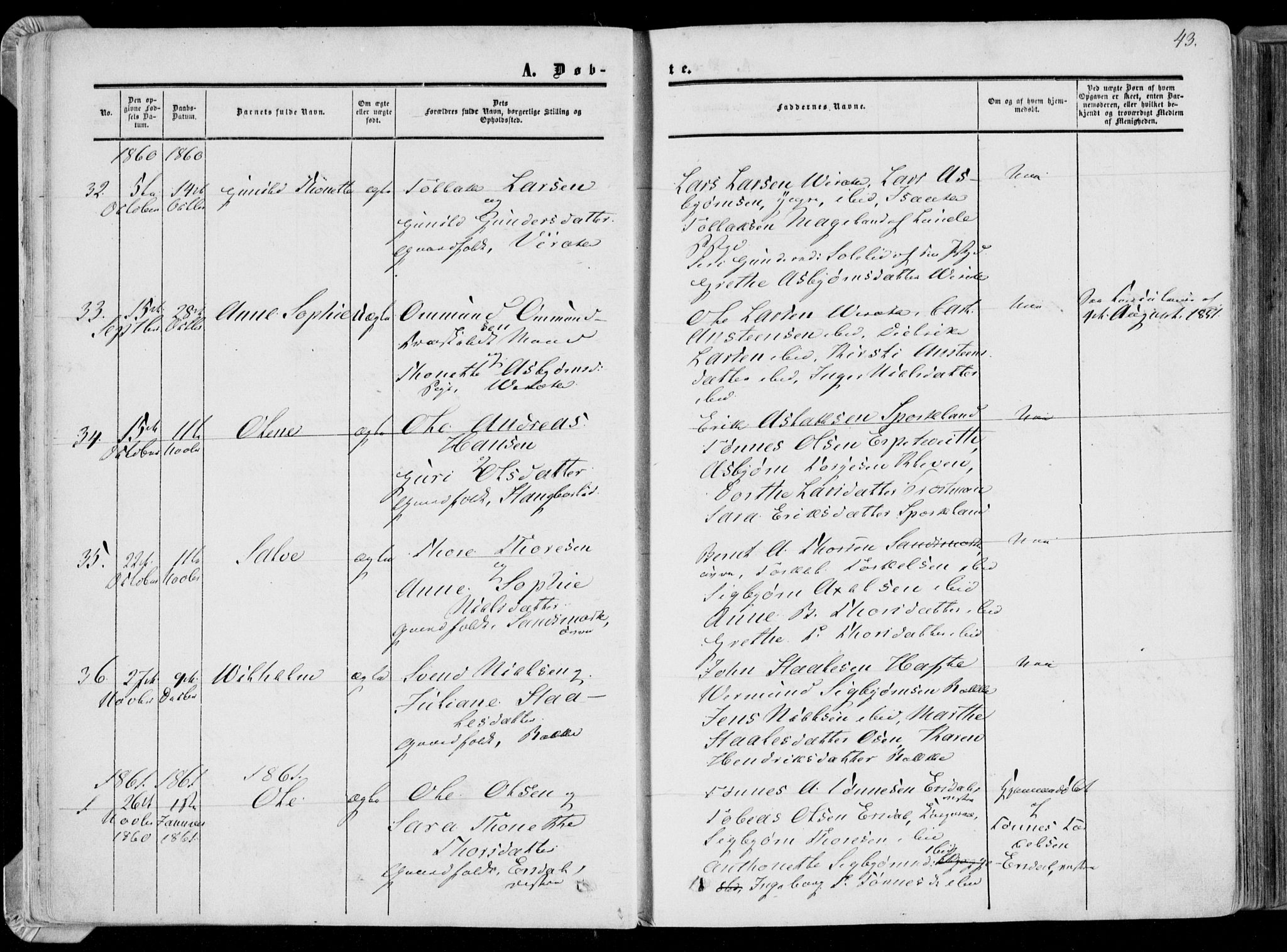 Bakke sokneprestkontor, SAK/1111-0002/F/Fa/Faa/L0006: Parish register (official) no. A 6, 1855-1877, p. 43