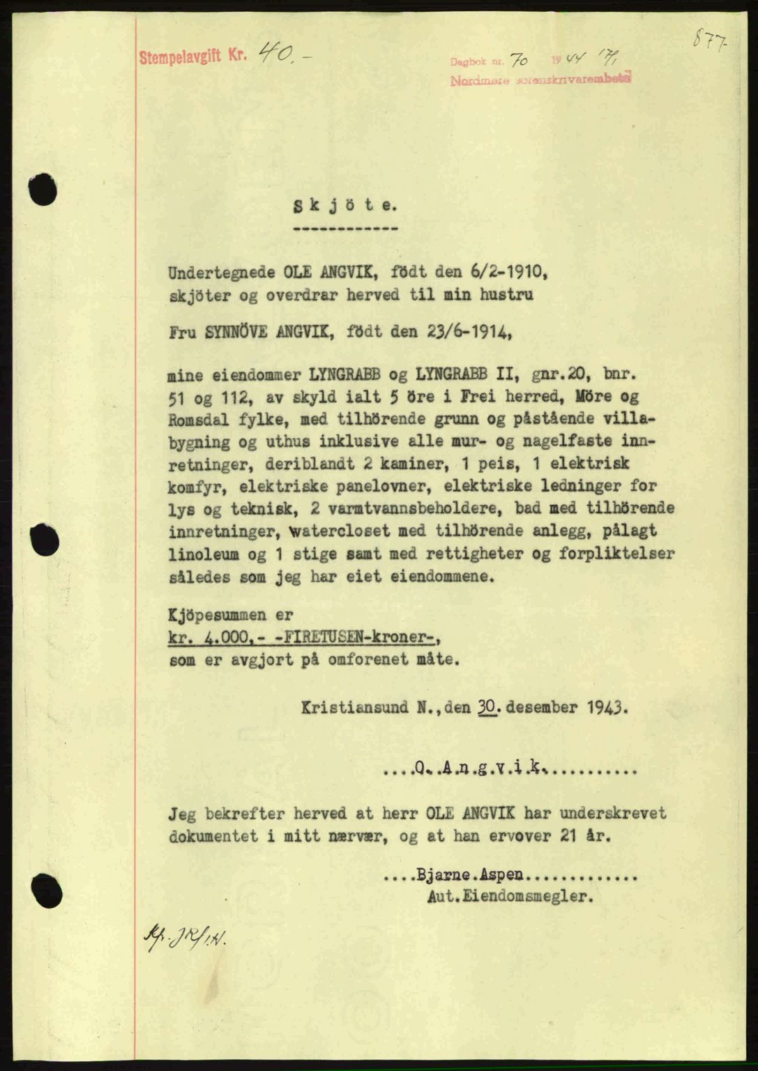 Nordmøre sorenskriveri, AV/SAT-A-4132/1/2/2Ca: Mortgage book no. A96, 1943-1944, Diary no: : 70/1944