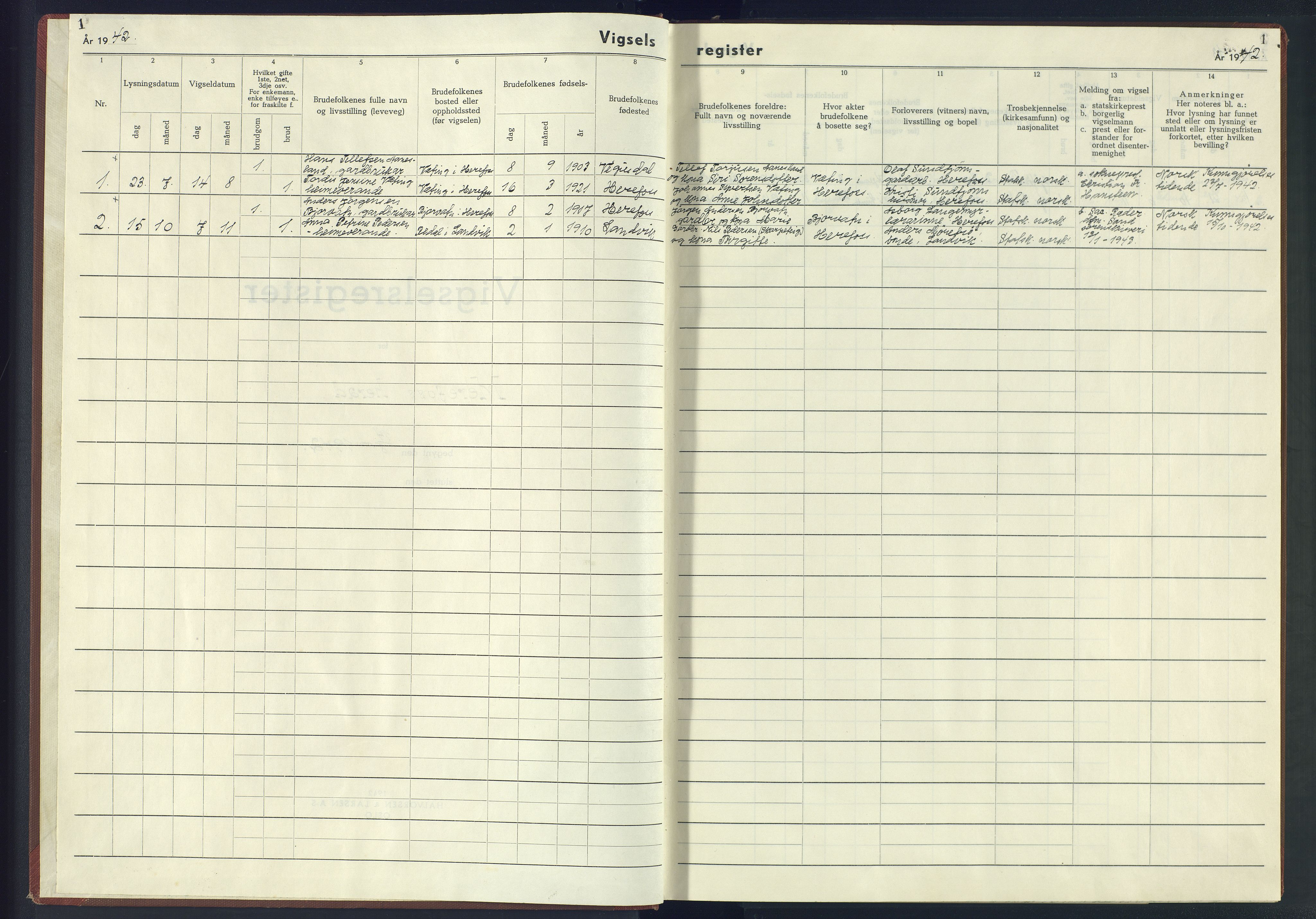 Herefoss sokneprestkontor, SAK/1111-0019/J/Jb/L0004: Marriage register no. II.6.4, 1942-1945, p. 1
