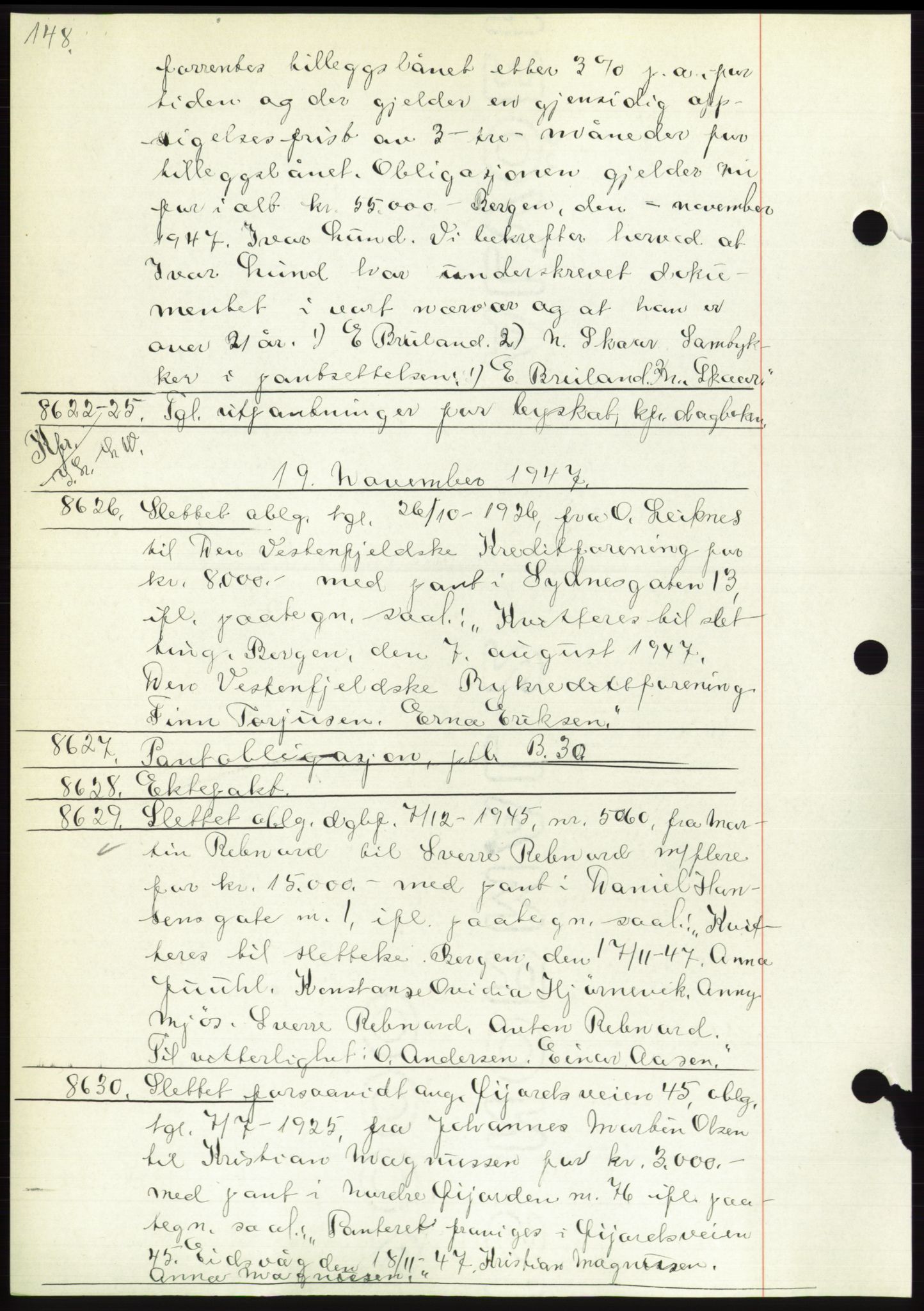 Byfogd og Byskriver i Bergen, AV/SAB-A-3401/03: Mortgage book no. C 30, 1947-1947, Diary no: : 8622/1947