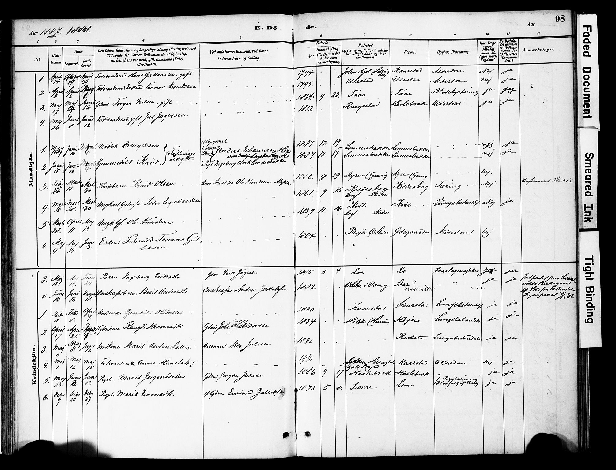 Vestre Slidre prestekontor, SAH/PREST-136/H/Ha/Haa/L0005: Parish register (official) no. 5, 1881-1912, p. 98