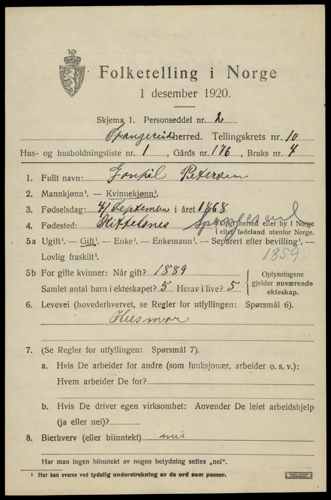 SAK, 1920 census for Spangereid, 1920, p. 3493