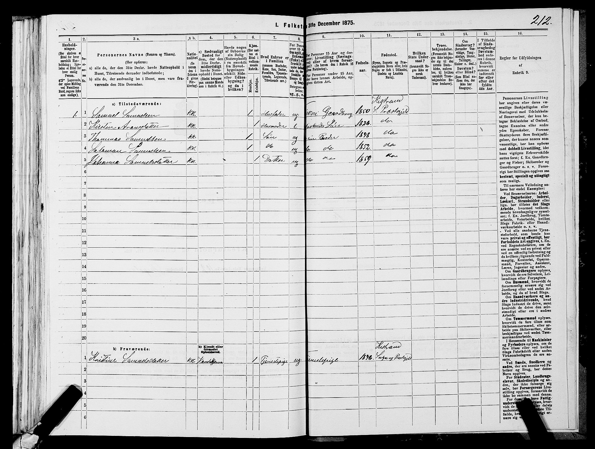 SATØ, 1875 census for 2020P Kistrand, 1875, p. 1212