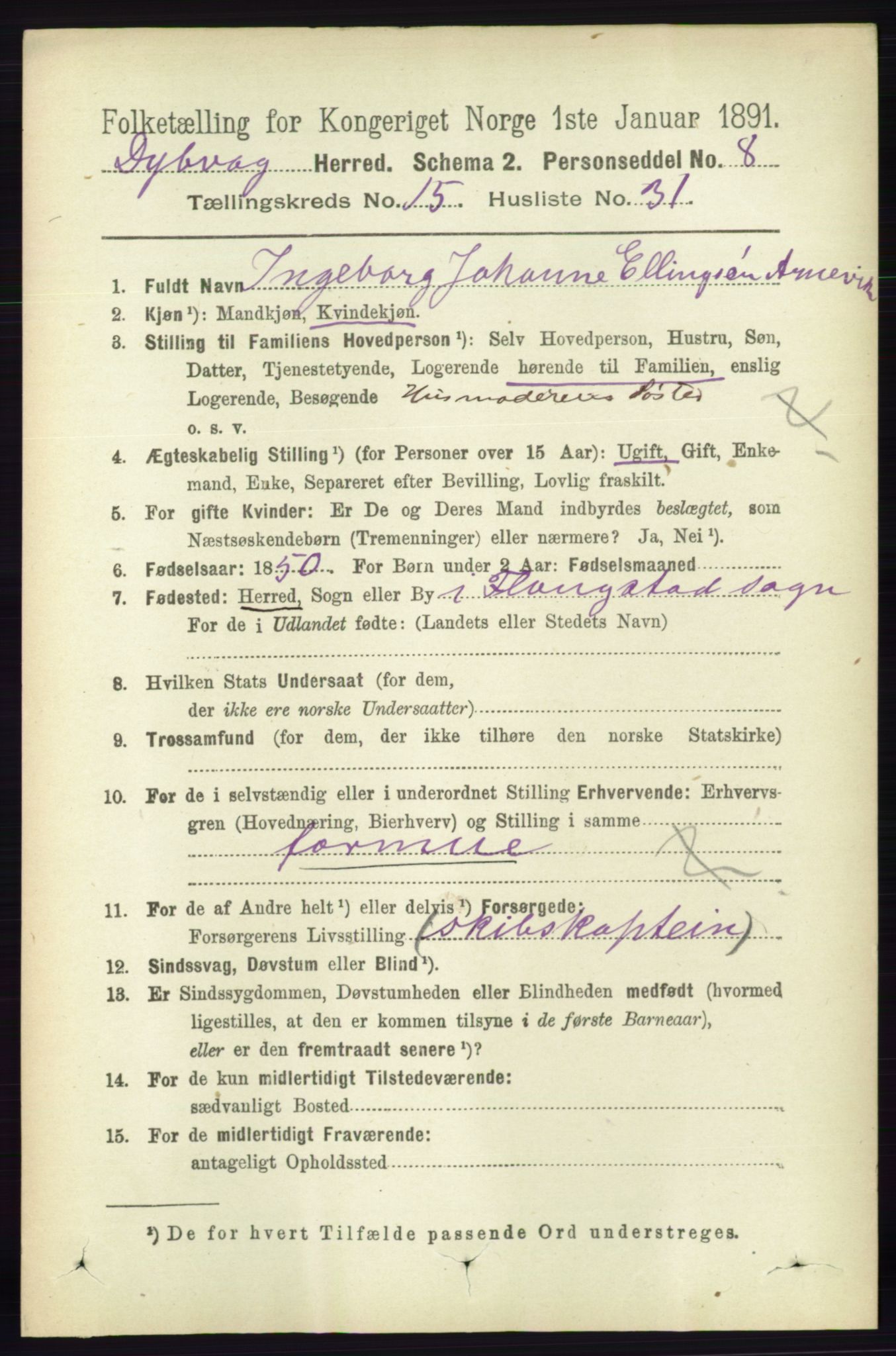 RA, 1891 census for 0915 Dypvåg, 1891, p. 6275