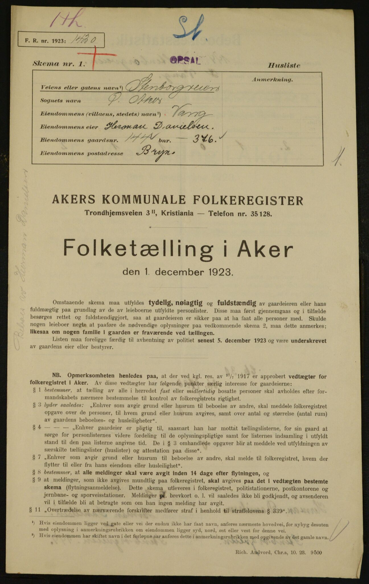 , Municipal Census 1923 for Aker, 1923, p. 31326