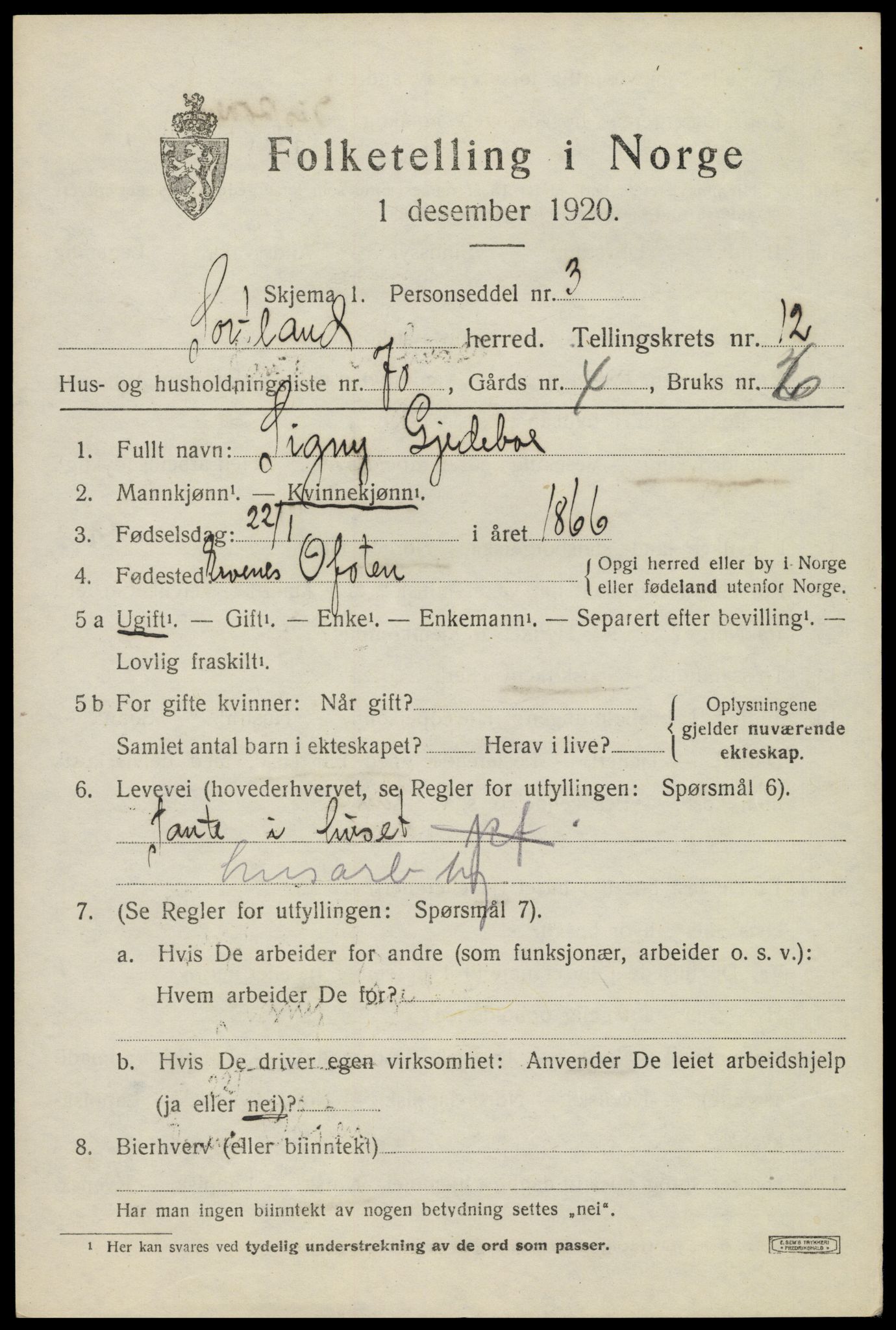 SAT, 1920 census for Sortland, 1920, p. 9930