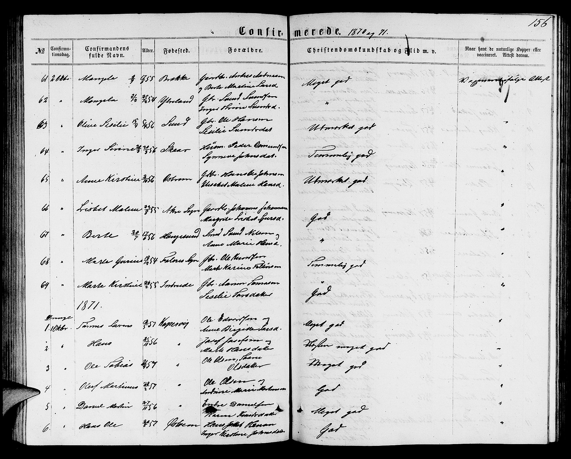 Avaldsnes sokneprestkontor, SAST/A -101851/H/Ha/Hab/L0004: Parish register (copy) no. B 4, 1861-1876, p. 156
