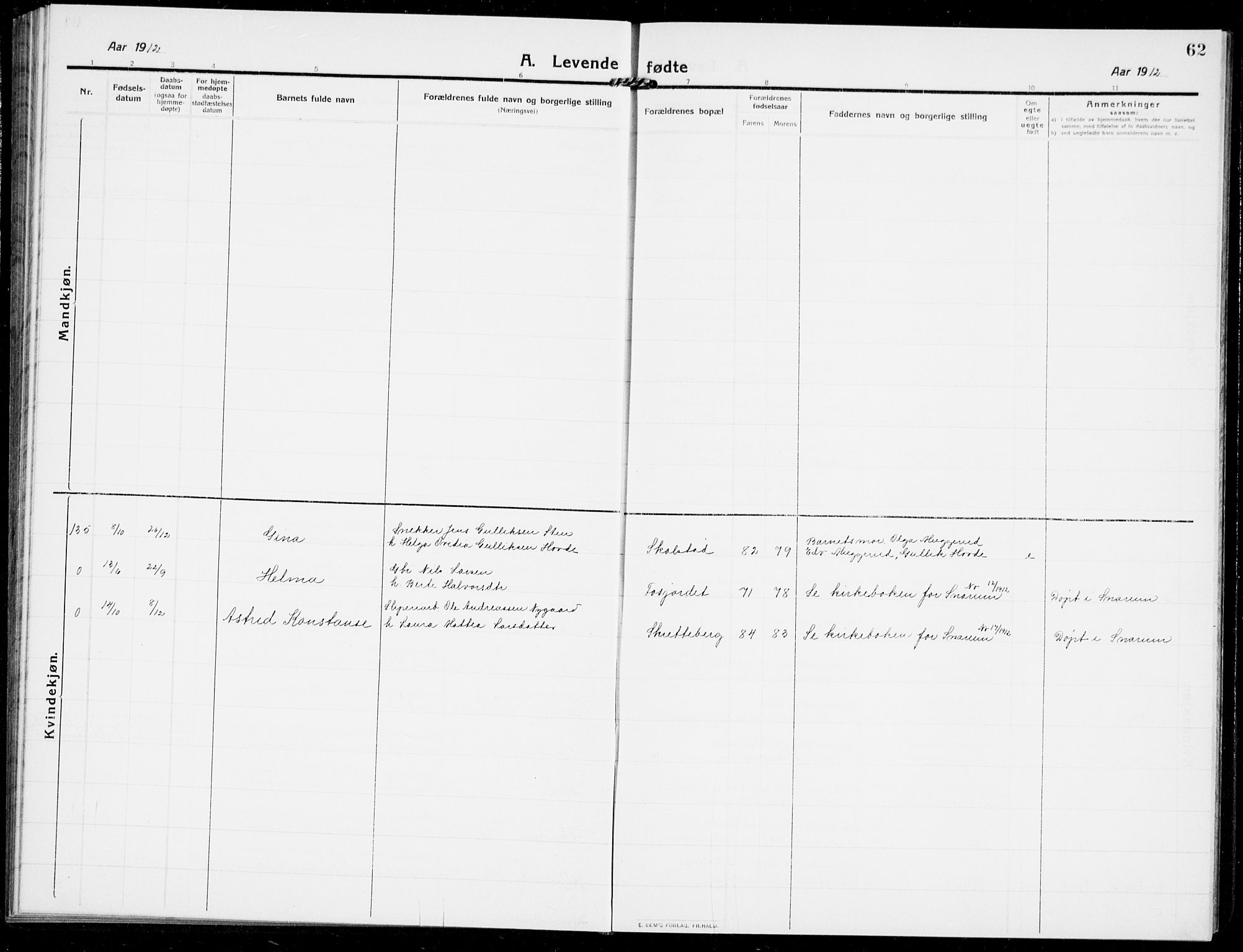 Modum kirkebøker, AV/SAKO-A-234/G/Ga/L0009: Parish register (copy) no. I 9, 1909-1923, p. 62