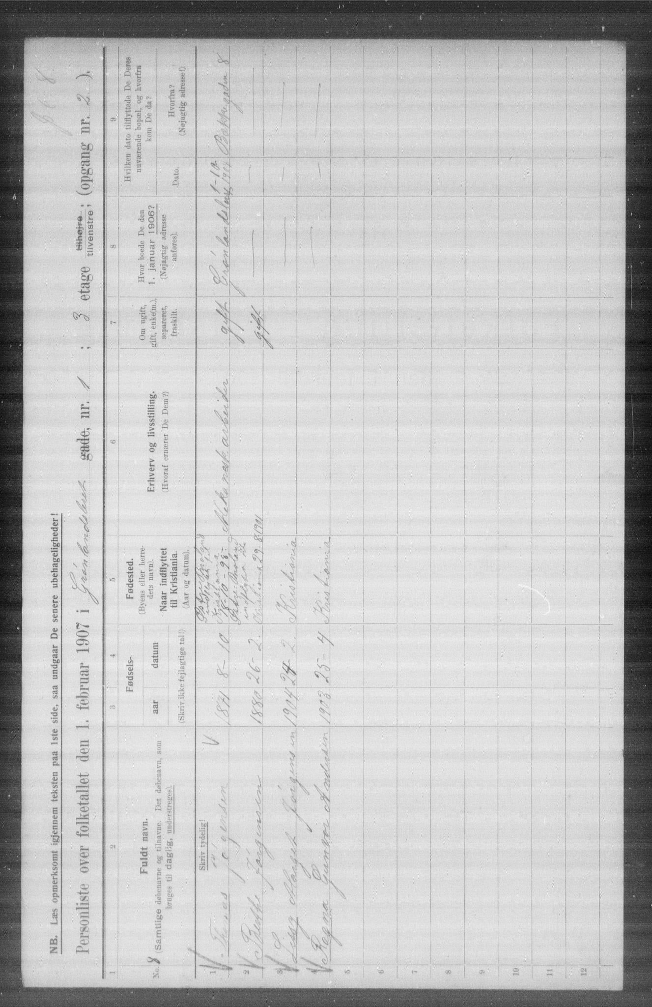 OBA, Municipal Census 1907 for Kristiania, 1907, p. 16056