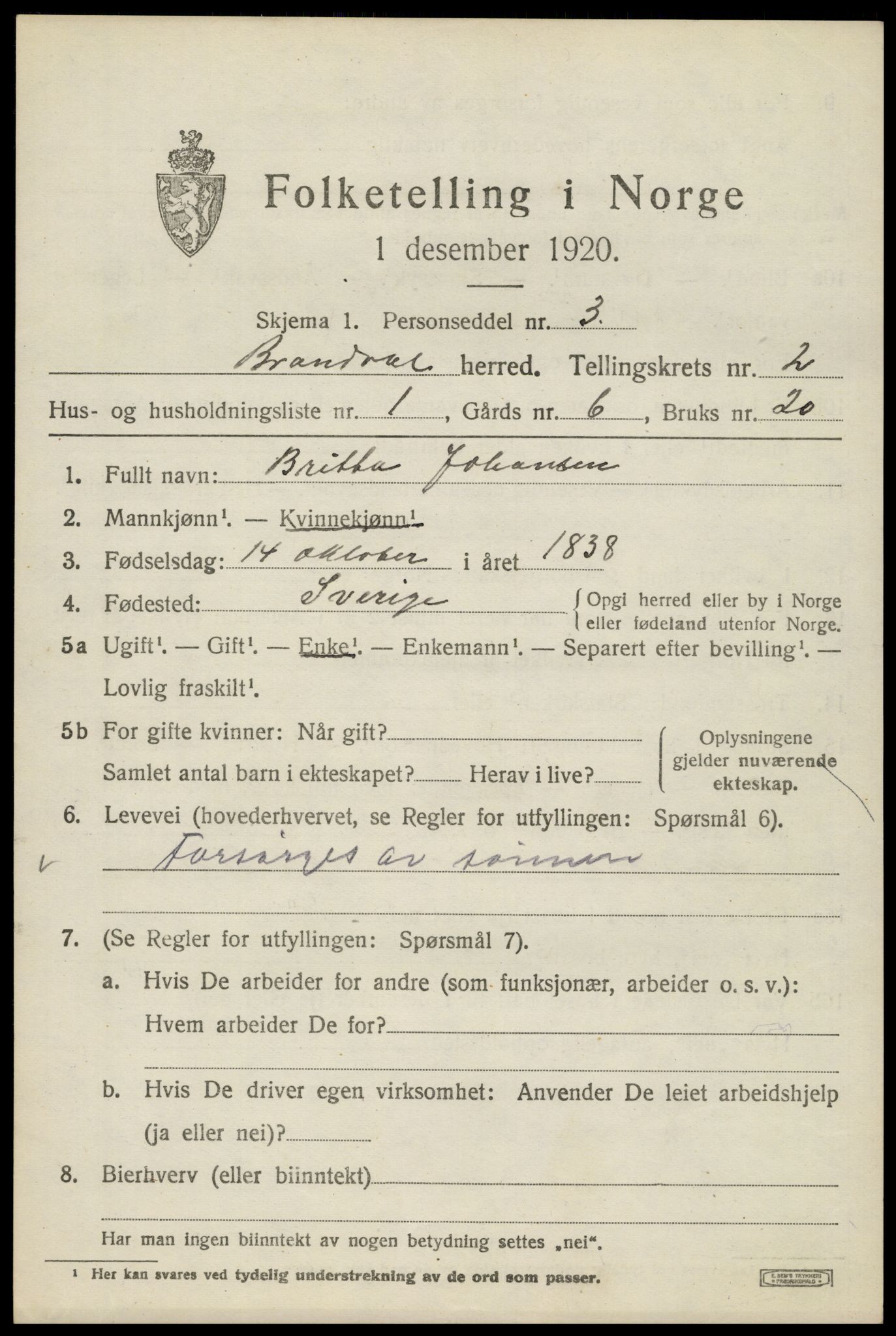 SAH, 1920 census for Brandval, 1920, p. 2130