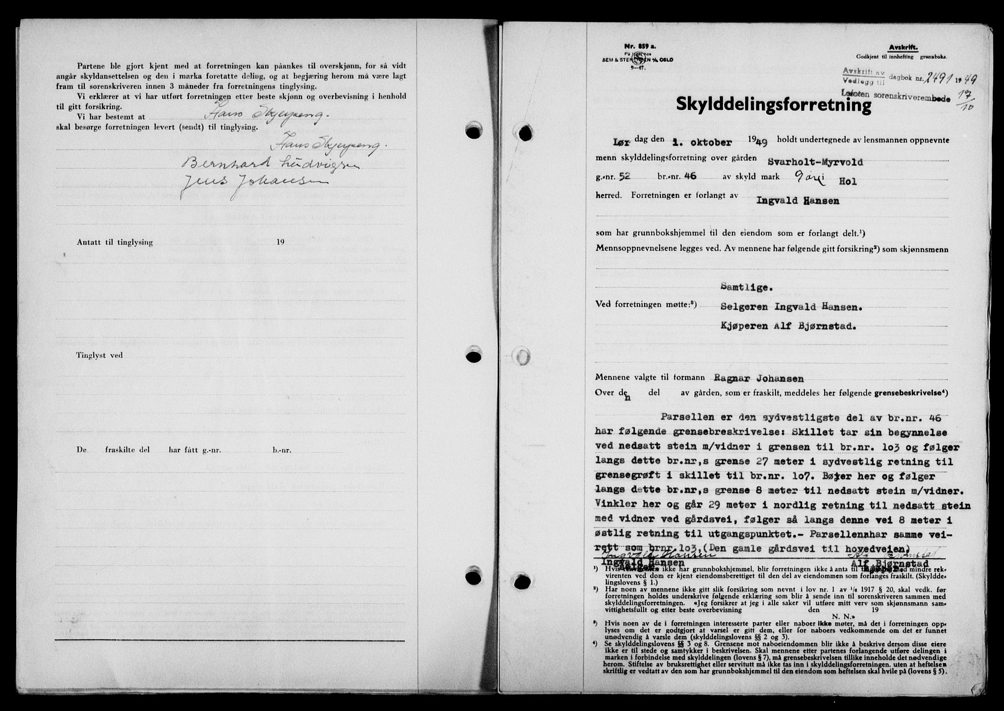 Lofoten sorenskriveri, SAT/A-0017/1/2/2C/L0022a: Mortgage book no. 22a, 1949-1950, Diary no: : 2491/1949