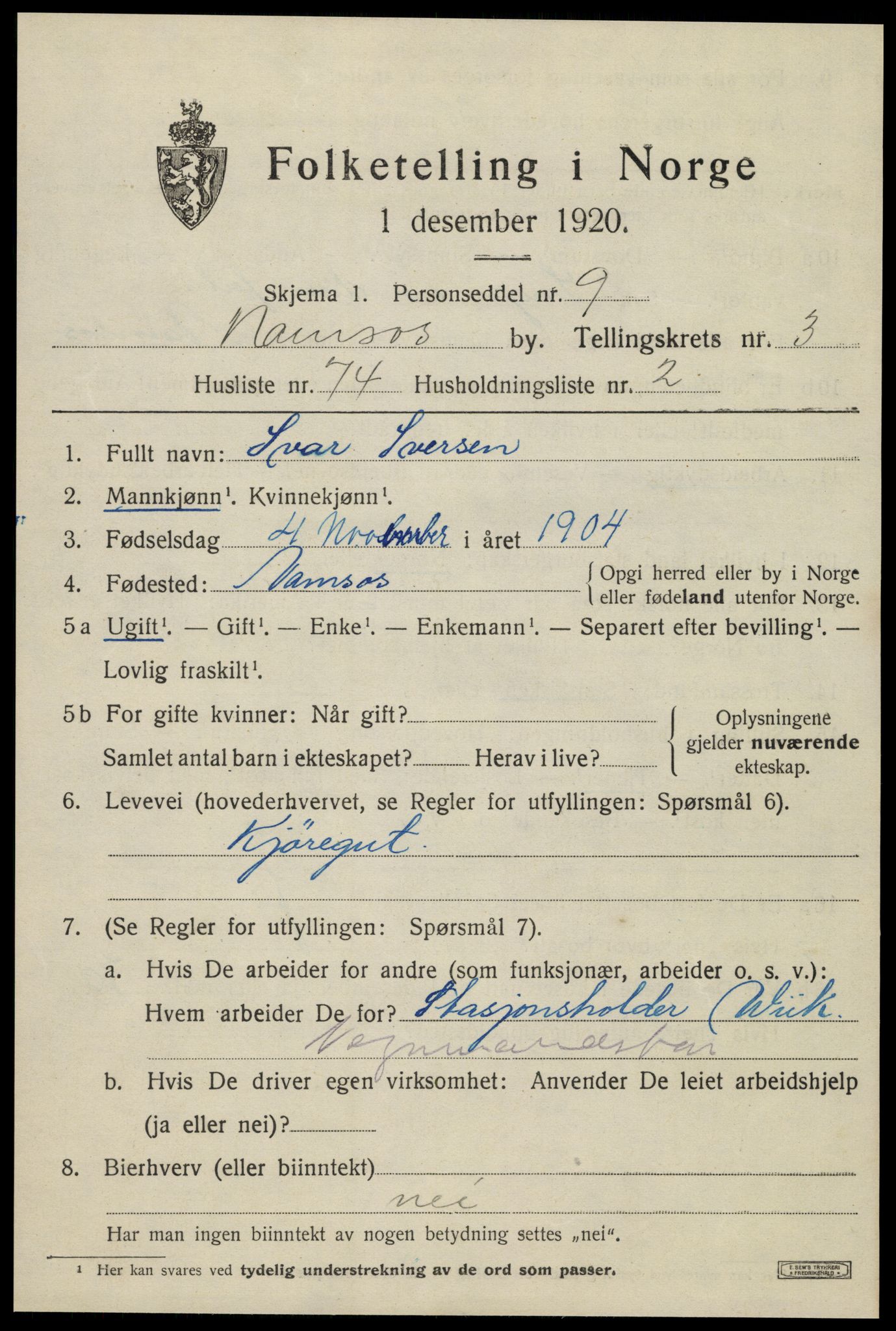 SAT, 1920 census for Namsos, 1920, p. 4813