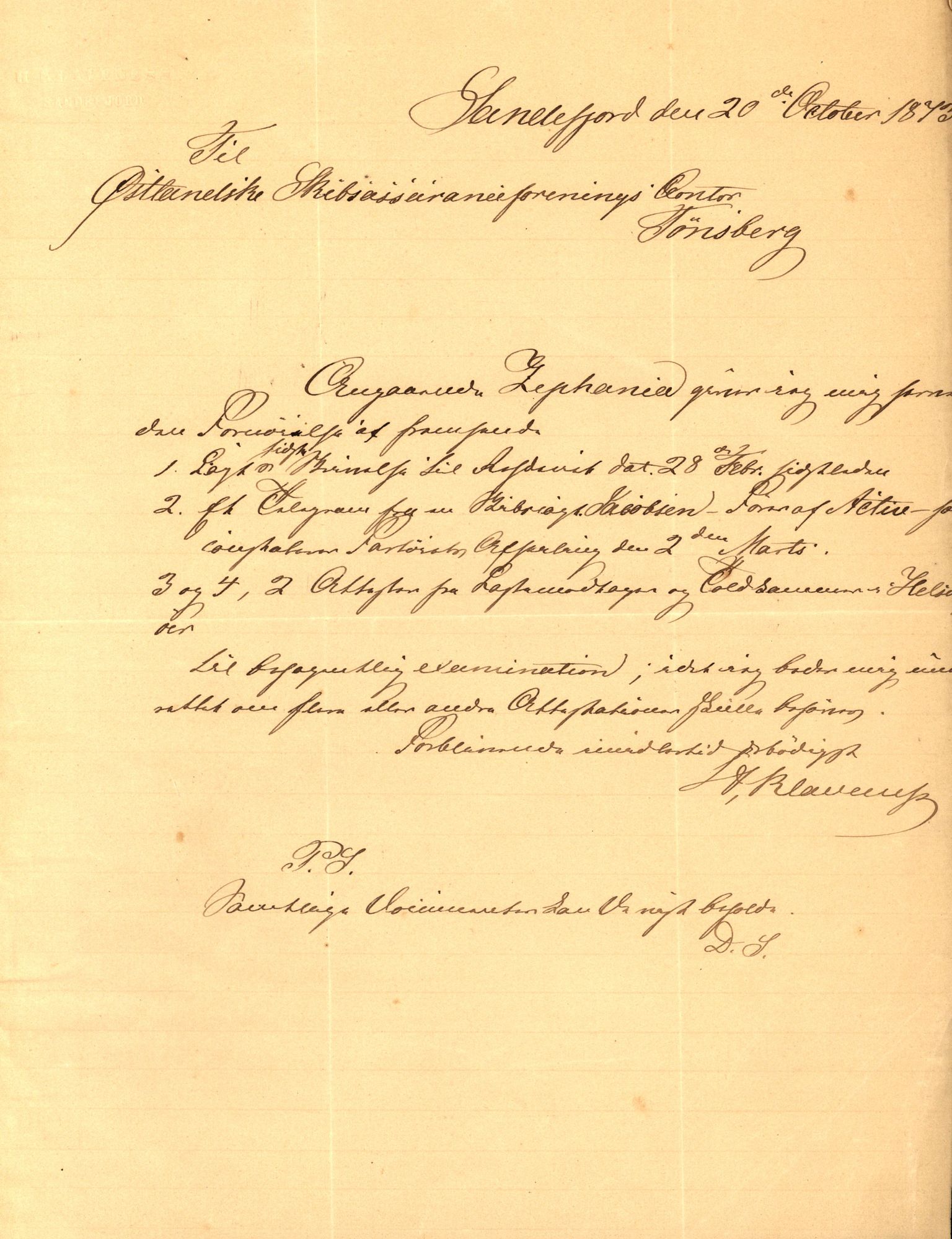 Pa 63 - Østlandske skibsassuranceforening, VEMU/A-1079/G/Ga/L0005/0017: Havaridokumenter / Stephania, 1873