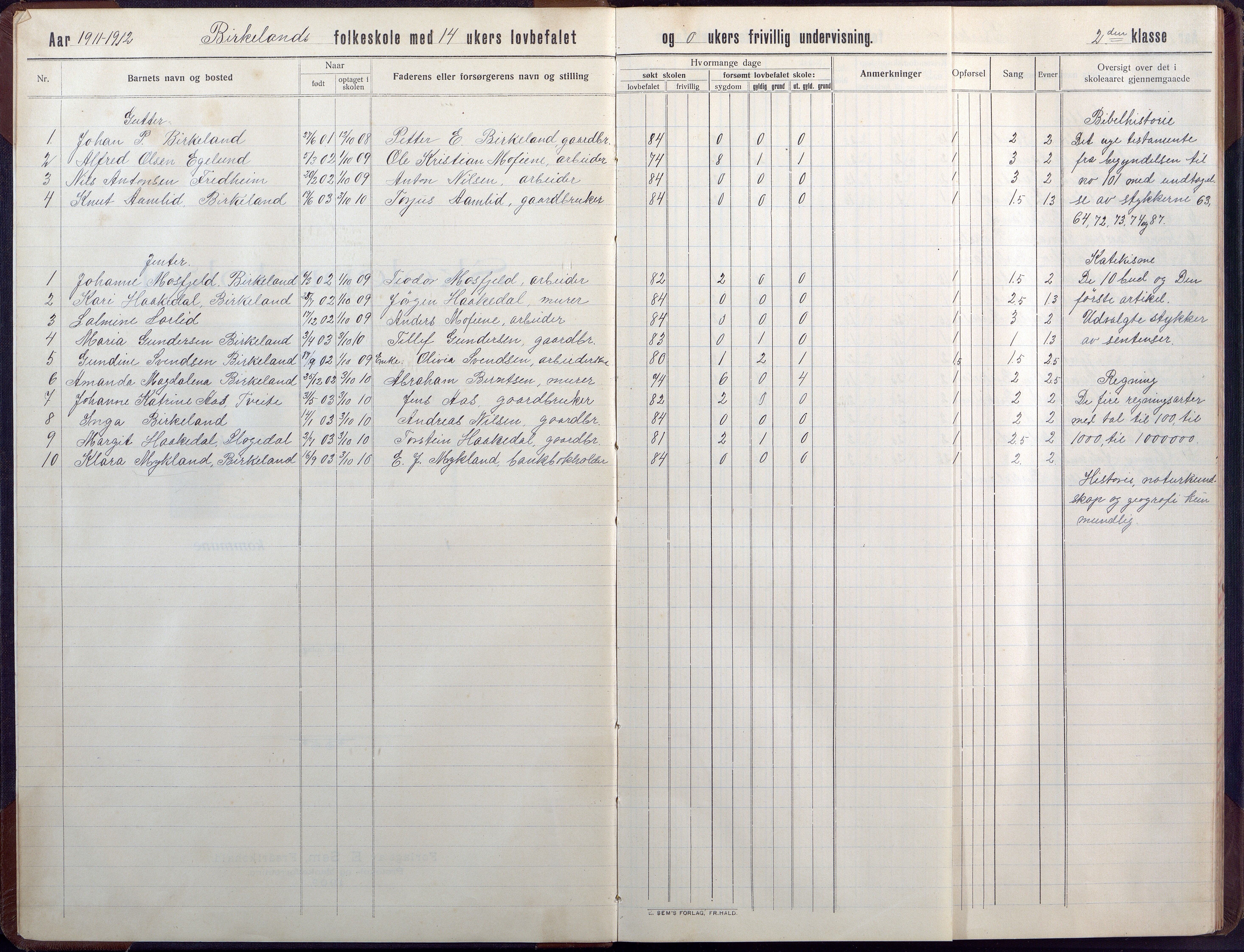 Birkenes kommune, Birkenes krets/Birkeland folkeskole frem til 1991, AAKS/KA0928-550a_91/F02/L0008: Skoleprotokoll, 1911-1930