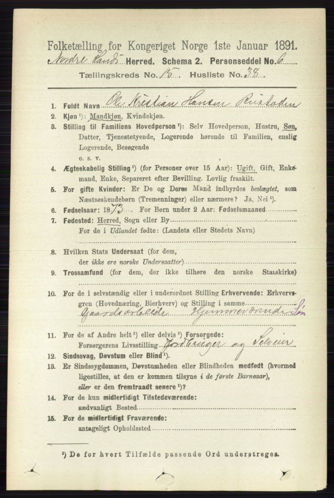 RA, 1891 census for 0538 Nordre Land, 1891, p. 3996