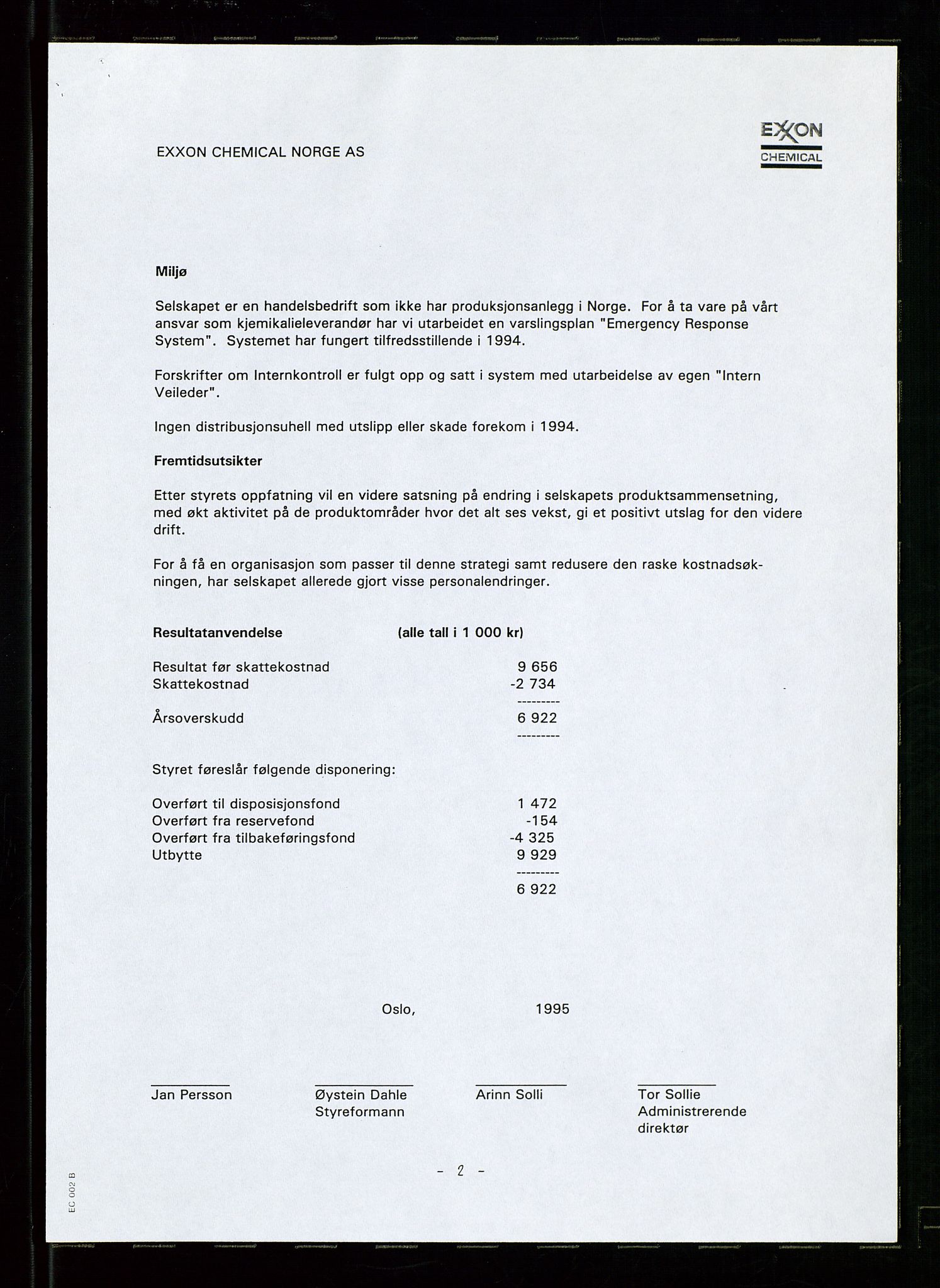 PA 1538 - Exxon Chemical Norge A/S, AV/SAST-A-101958/A/Aa/L0002/0003: Styredokumenter / Styremøter og generalforsamling, 1992-1995