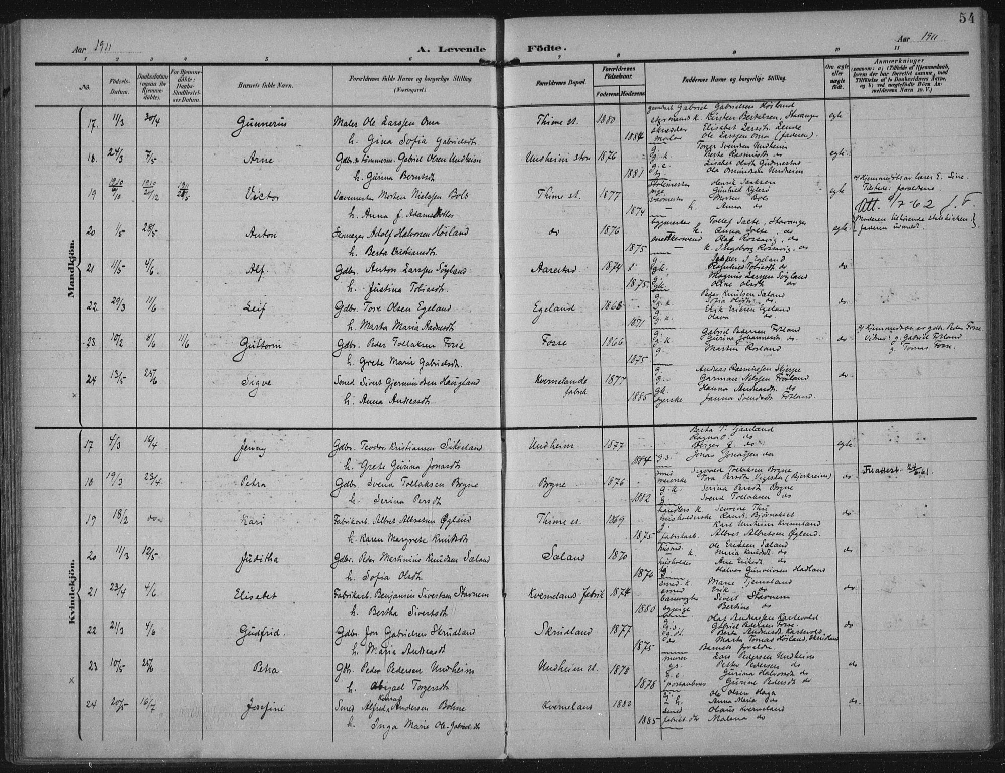 Lye sokneprestkontor, AV/SAST-A-101794/002/A/L0001: Parish register (official) no. A 12, 1904-1920, p. 54