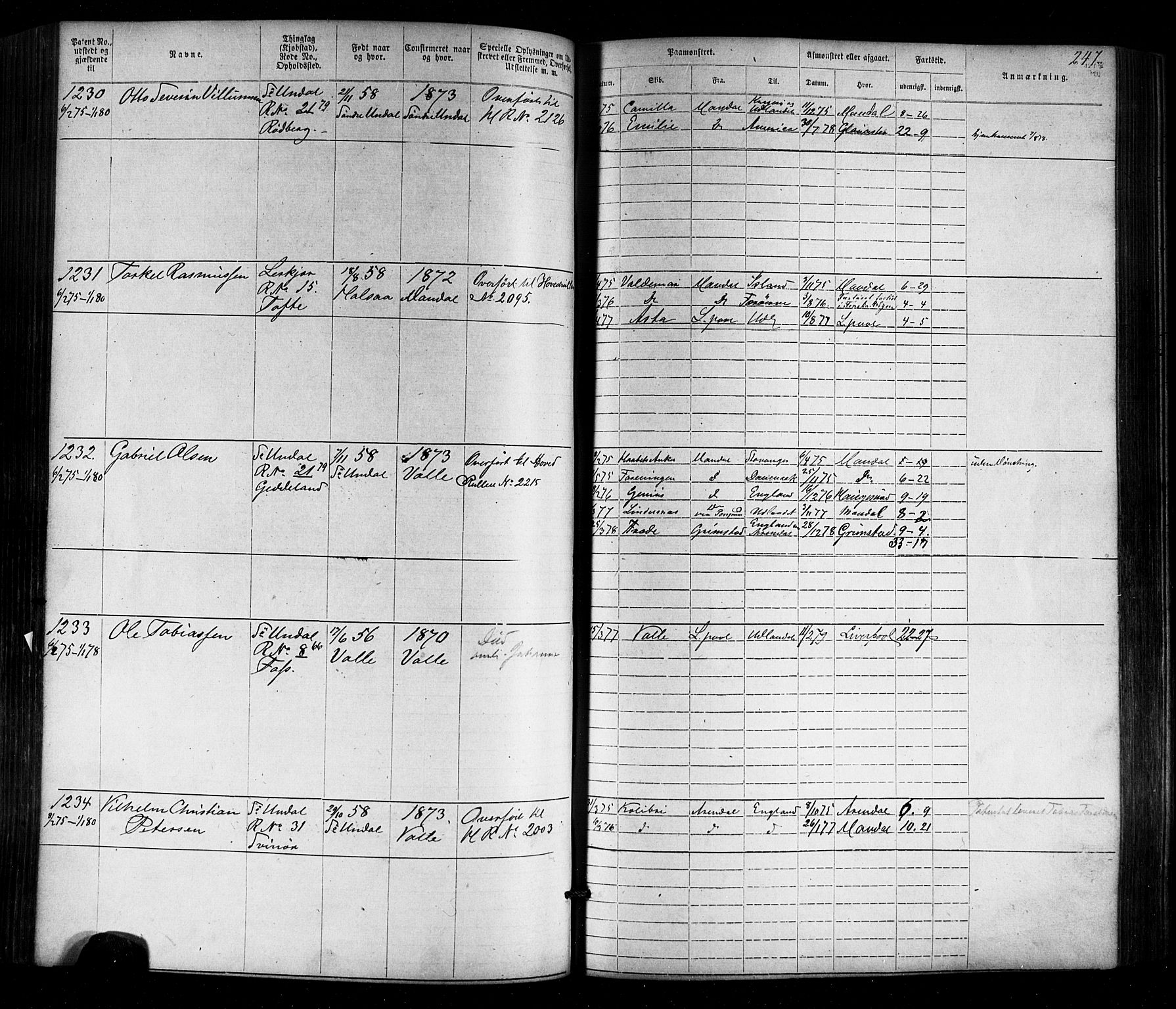Mandal mønstringskrets, SAK/2031-0016/F/Fa/L0005: Annotasjonsrulle nr 1-1909 med register, Y-15, 1868-1880, p. 287